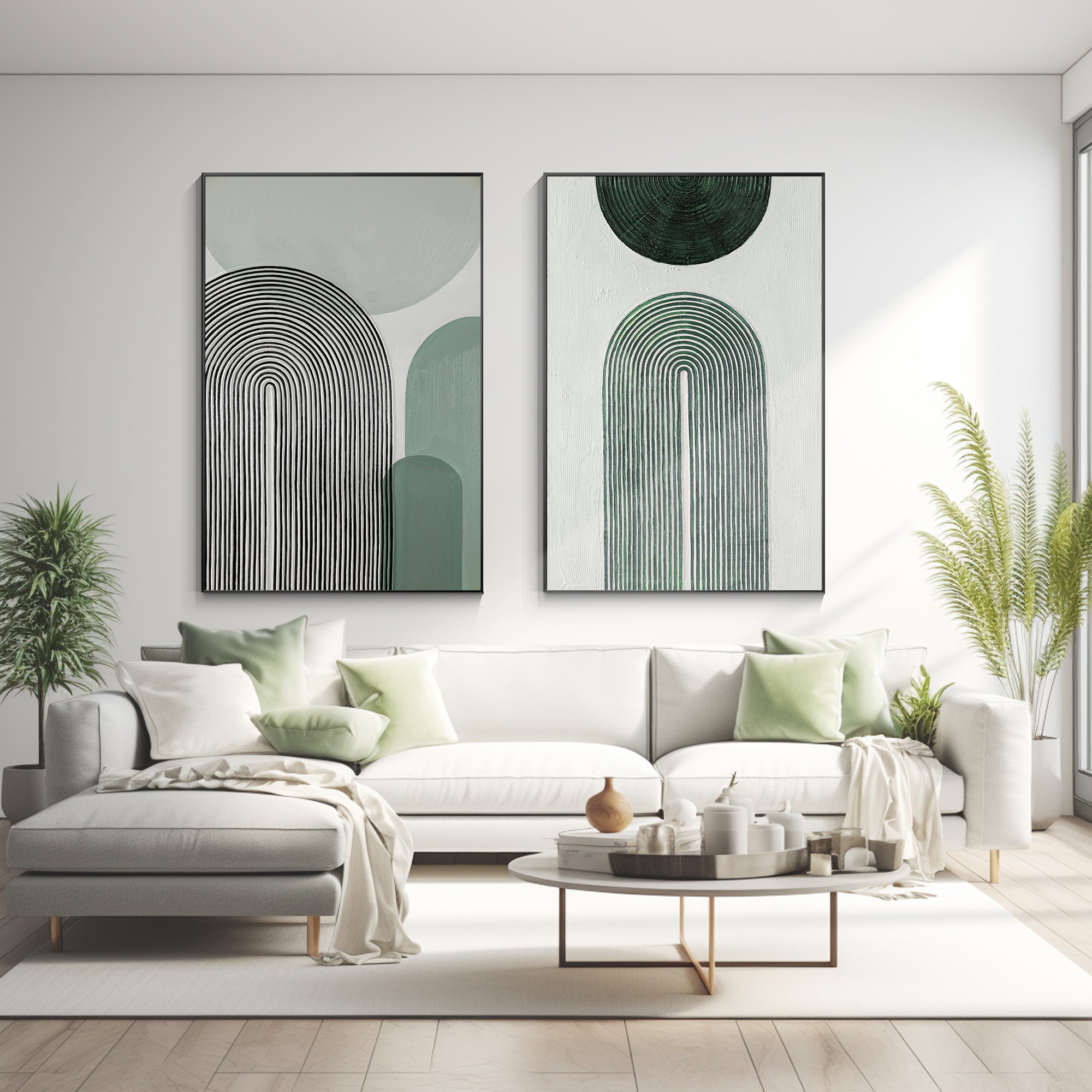 Set of 2 sage green abstract geometric paintings with textured organic shapes, vertical canvas art for modern wall decor in living rooms or bedrooms.