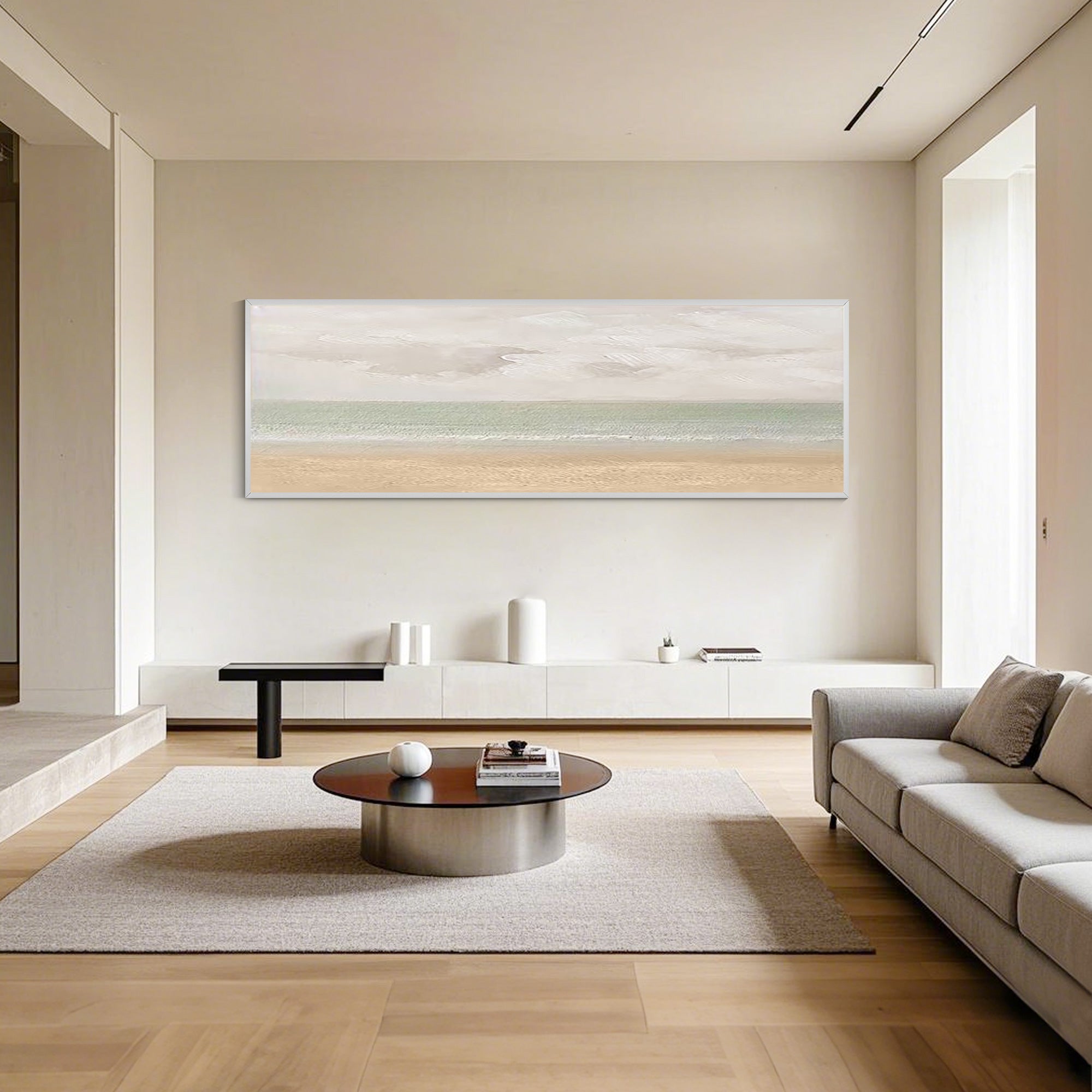 sage green beige ocean beach wall art horizontal painting