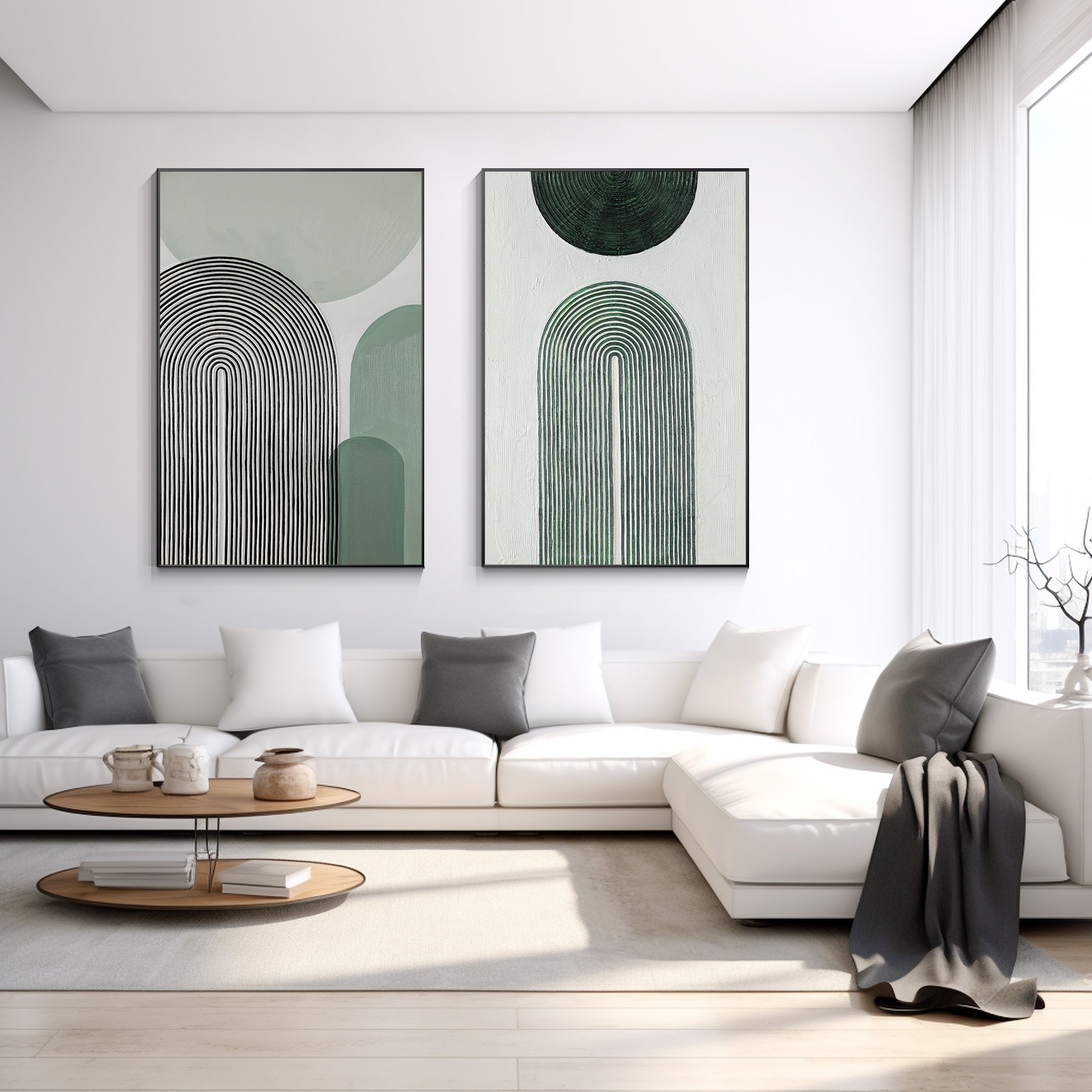 Set of 2 sage green abstract geometric paintings with textured organic shapes, vertical canvas art for modern wall decor in living rooms or bedrooms.