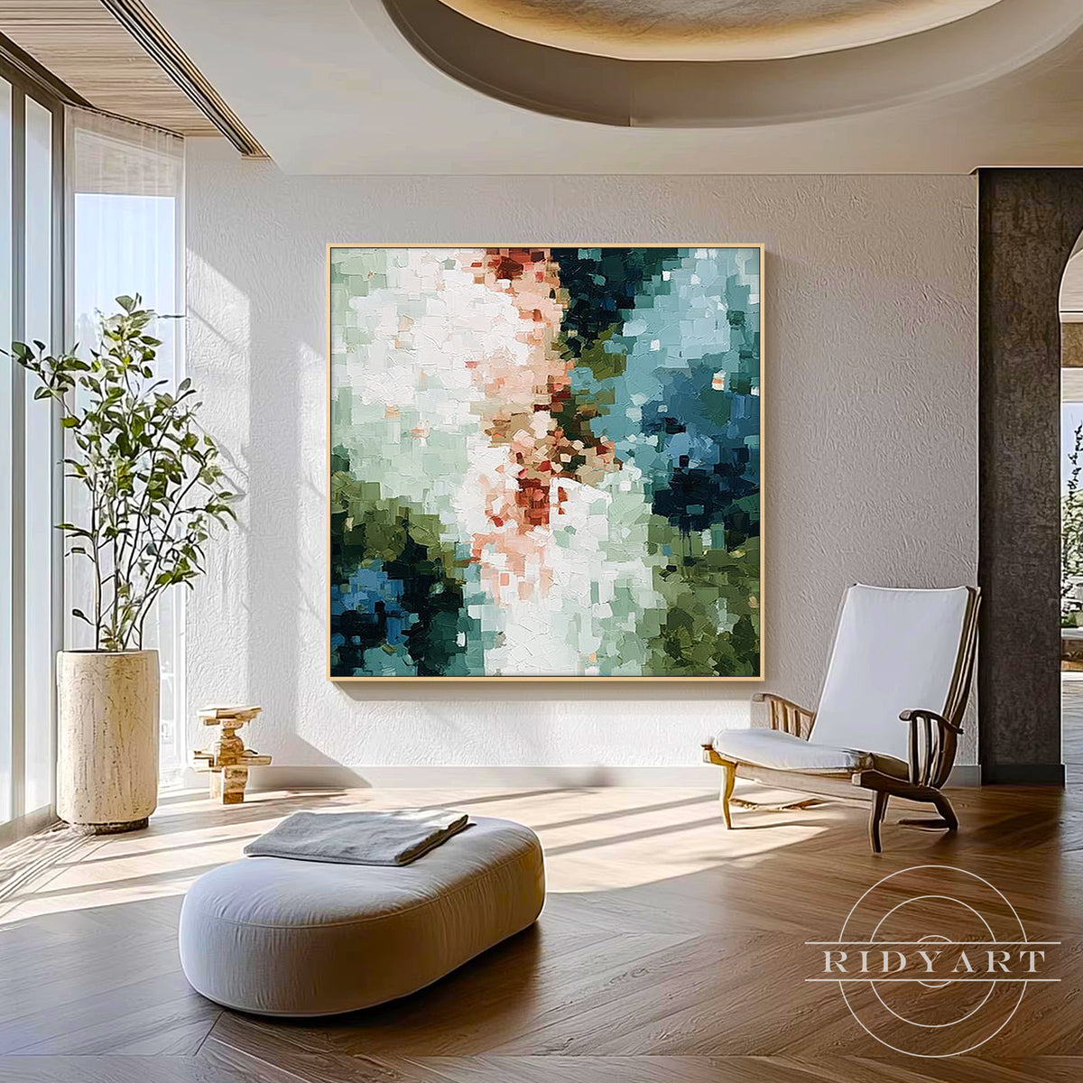 Hand painted sage green, teal and ivory square abstract wall art with thick palette knife texture.