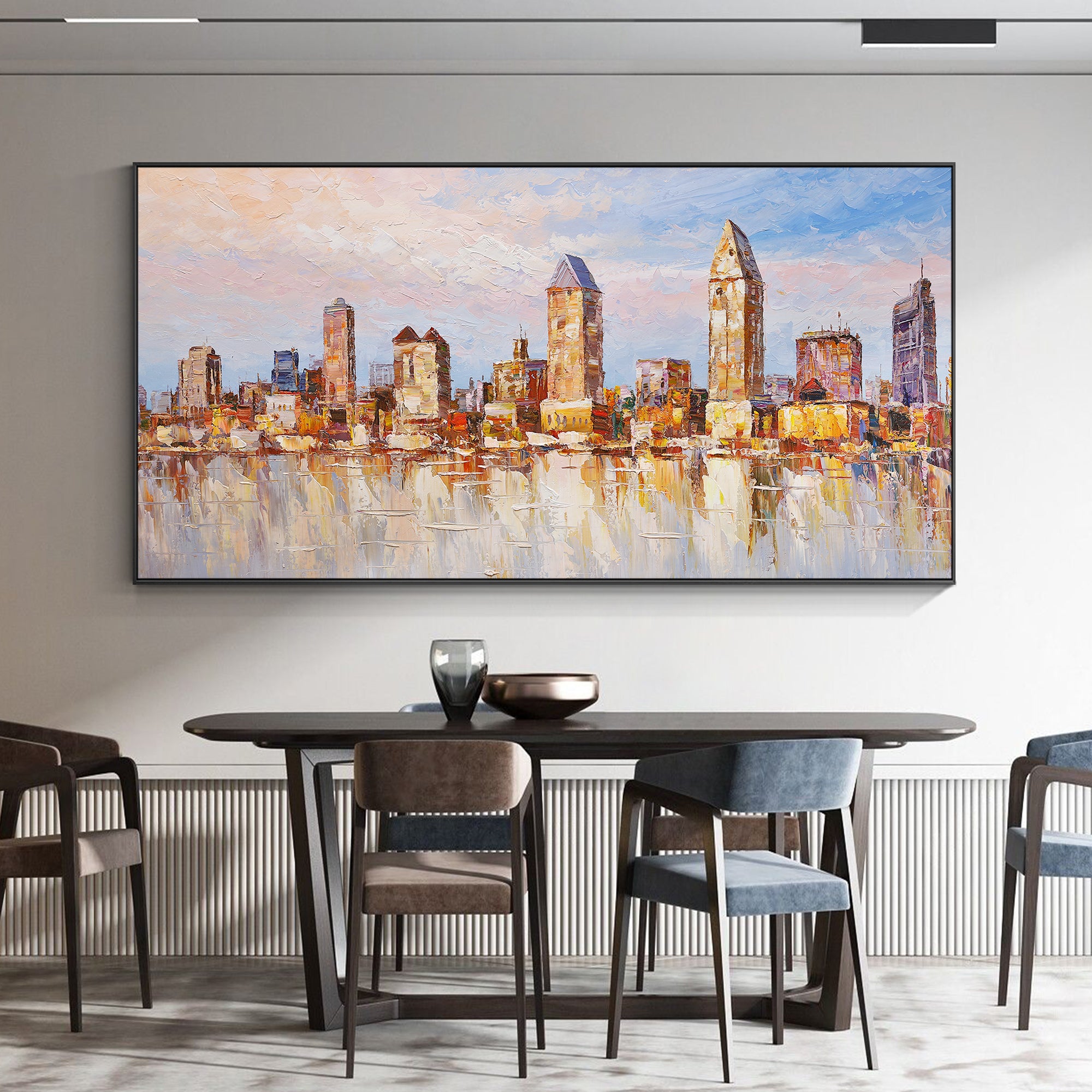 Heavy textured abstract skyline painting for modern home decor