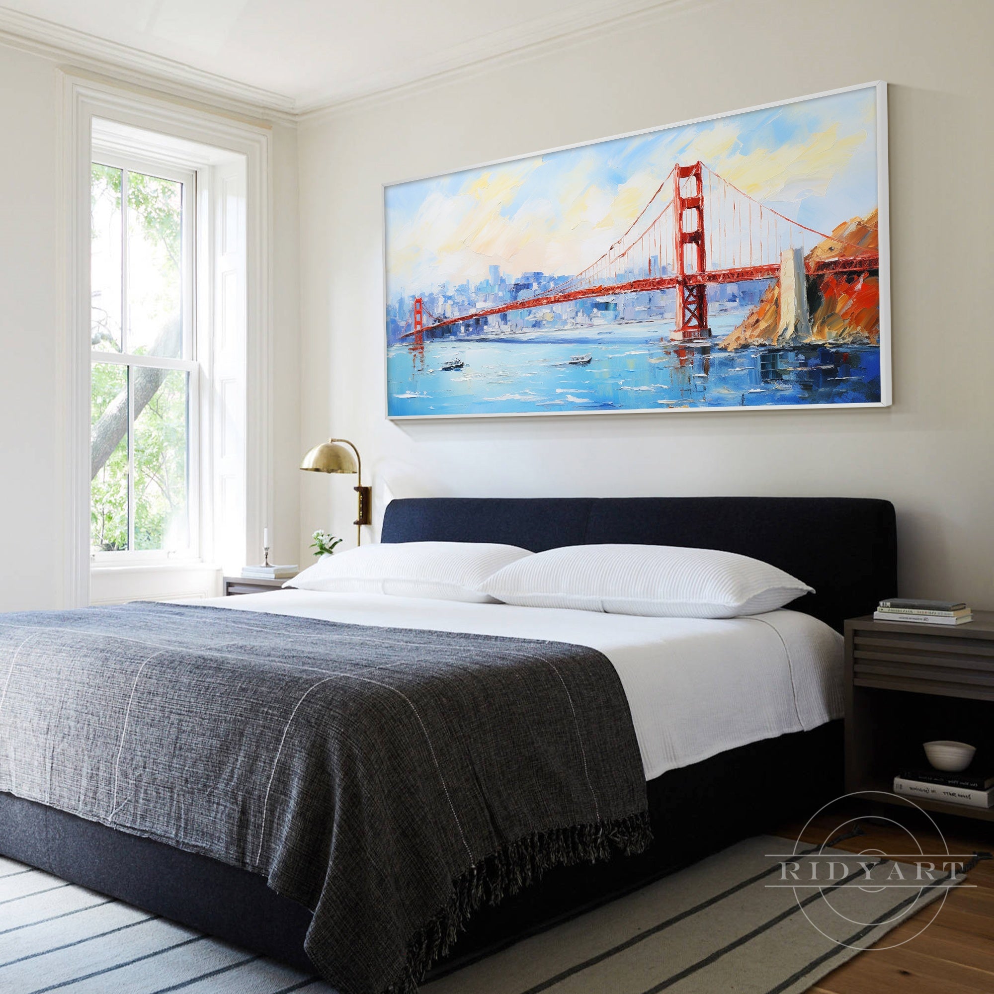 Vibrant San Francisco bridge painting with blue sky and water.