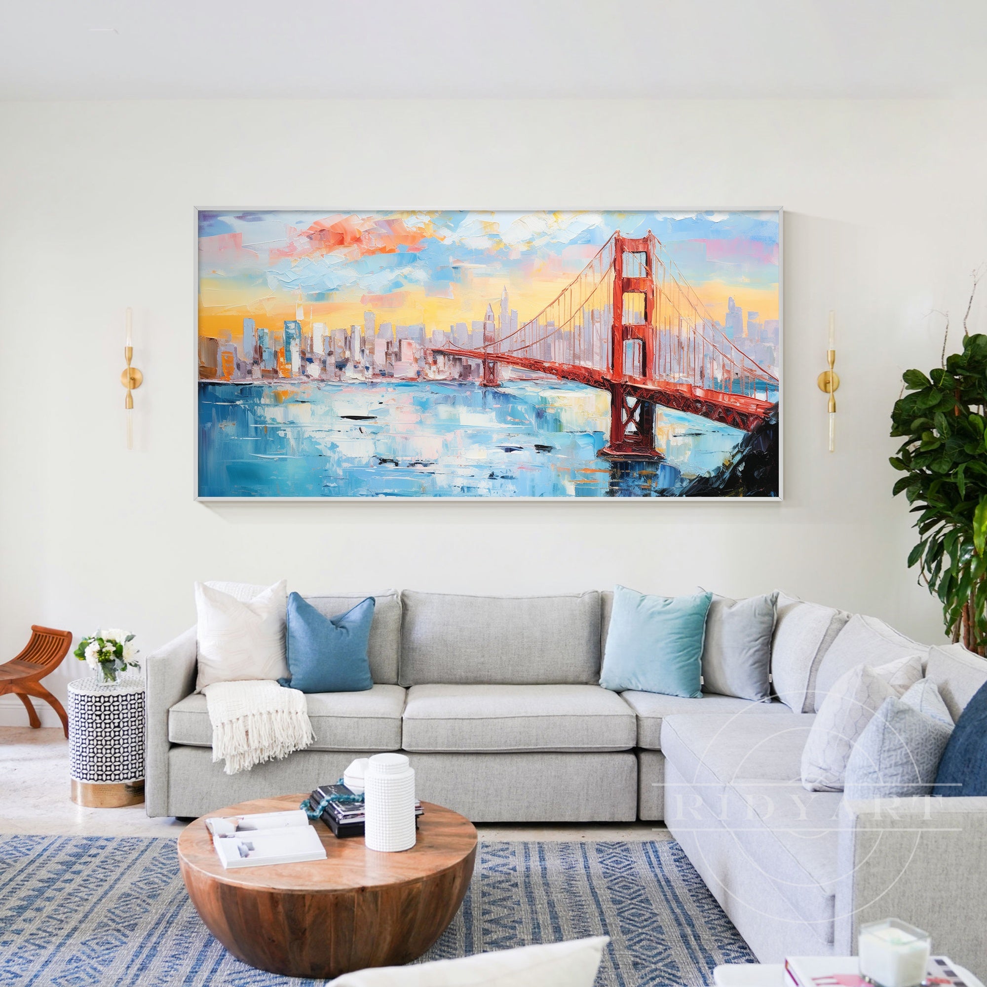 San Francisco cityscape painting featuring the Golden Gate Bridge.