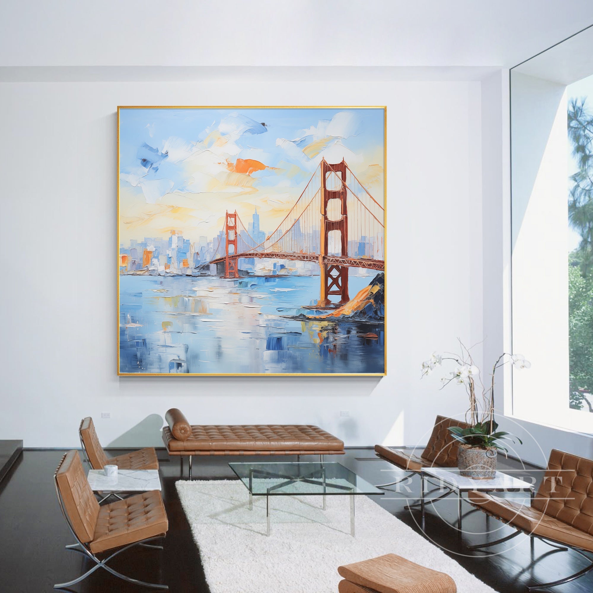 Golden Gate Bridge painting with colorful textured brushstrokes.