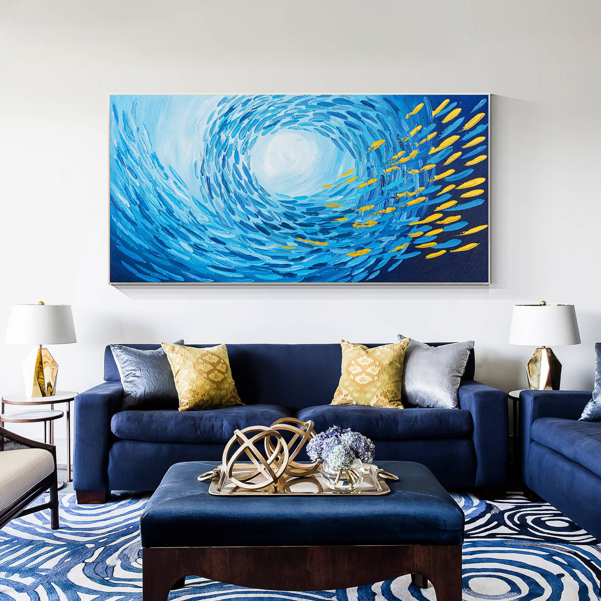 Vibrant blue ocean  with Gold fish wall art