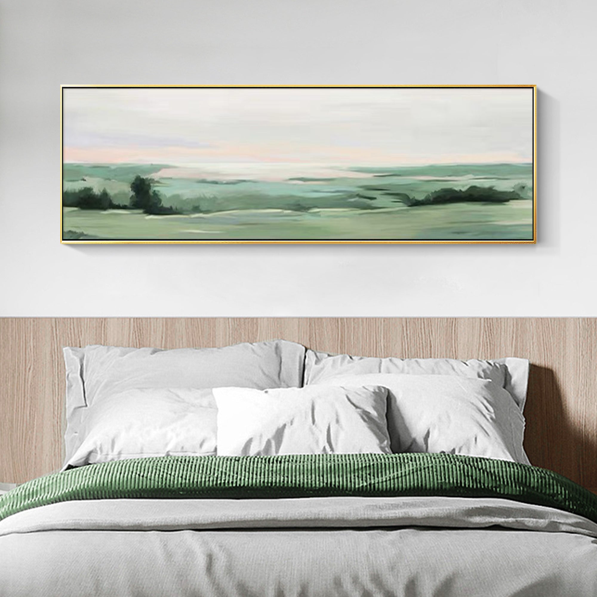 Peaceful Green Landscape Oil Painting Long Horizontal Art