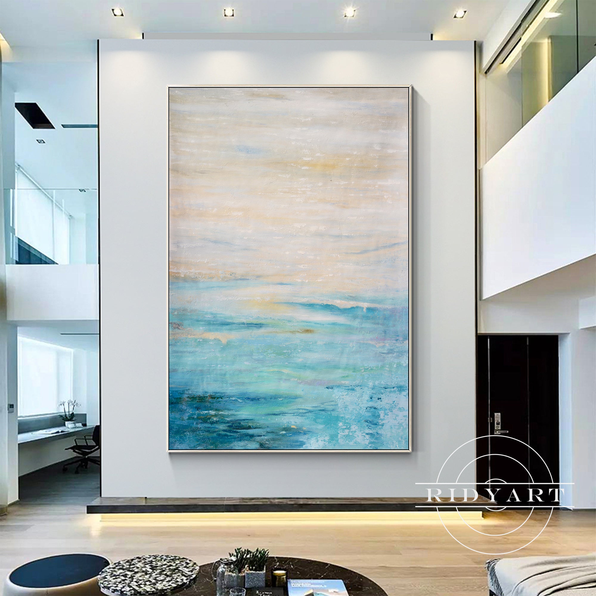 Textured seascape canvas with warm neutral sky