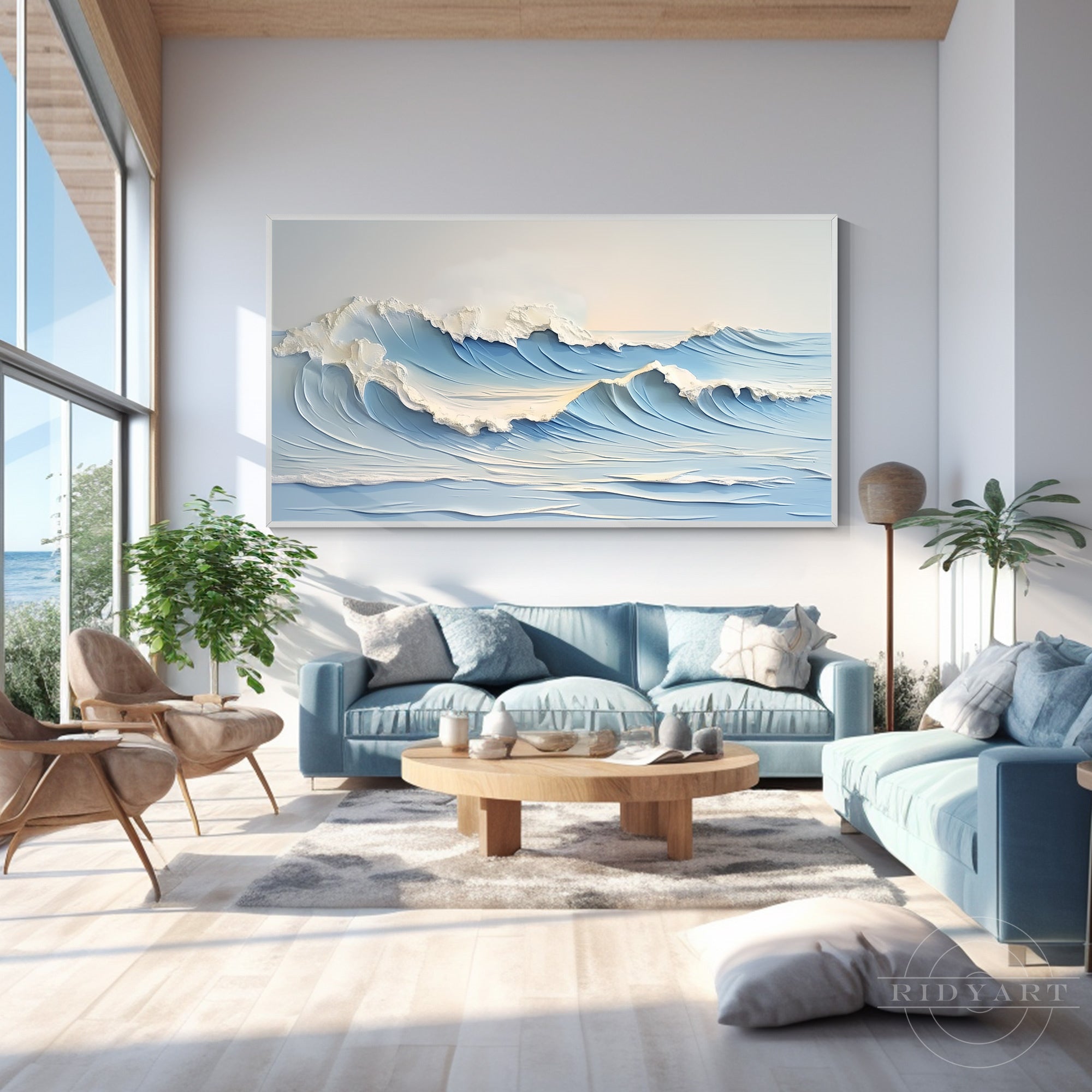 Panoramic textured seascape canvas art characterized by a wide, dynamic display of layered impasto strokes. 