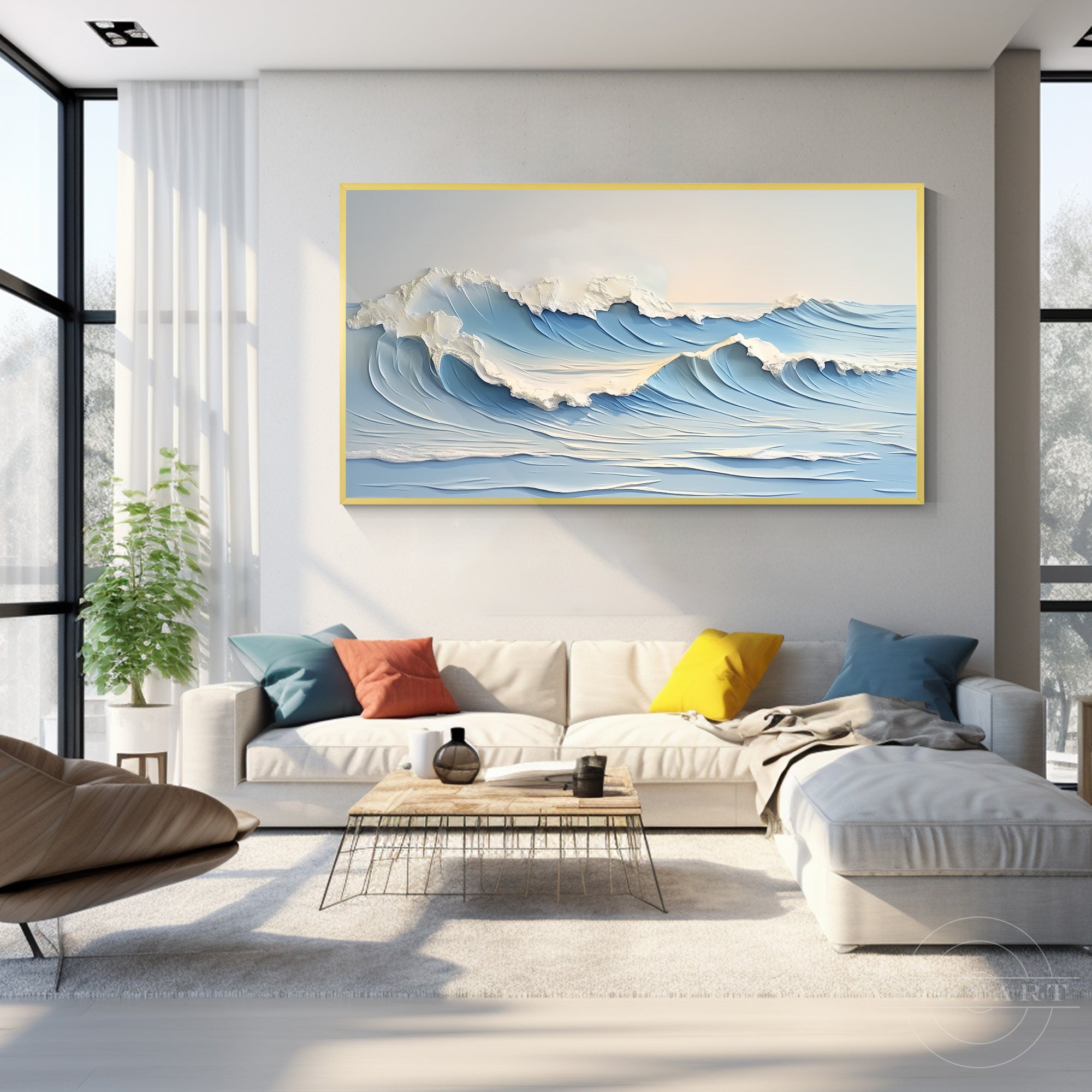 Panoramic textured seascape canvas art featuring continuous blue and white waves in motion, hung beautifully over a dark wood credenza cabinet in a sophisticated contemporary living room setting