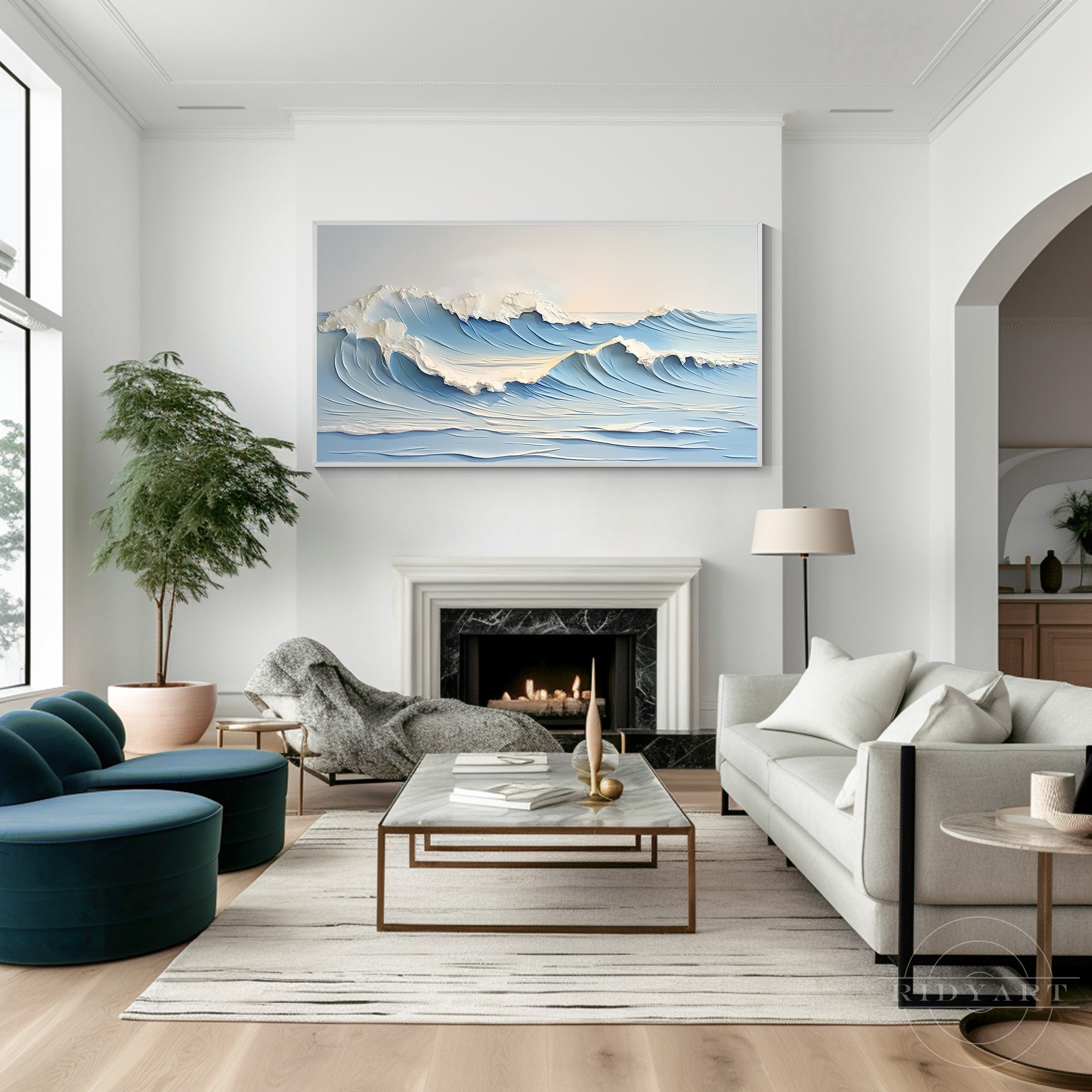 An elegant impasto sea wave canvas painting mounted as a focal point directly above a minimalist white fireplace mantel in a luxury living room