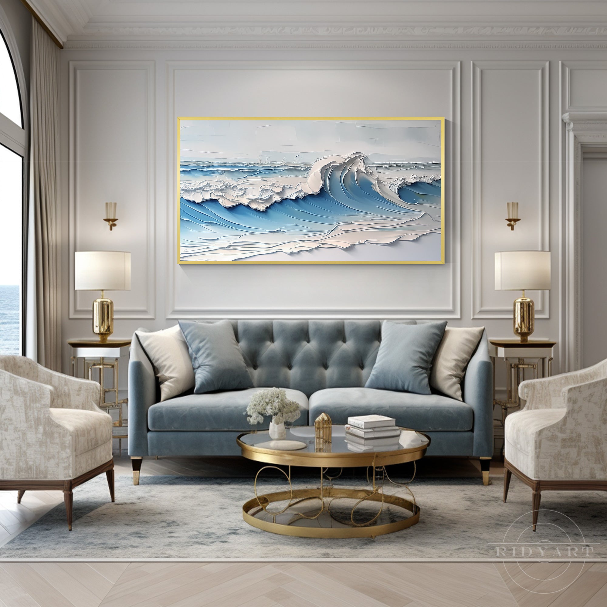 An exquisite textured sea wave painting acting as a focal point above a classic tufted blue sofa in an elegant, sophisticated living room.