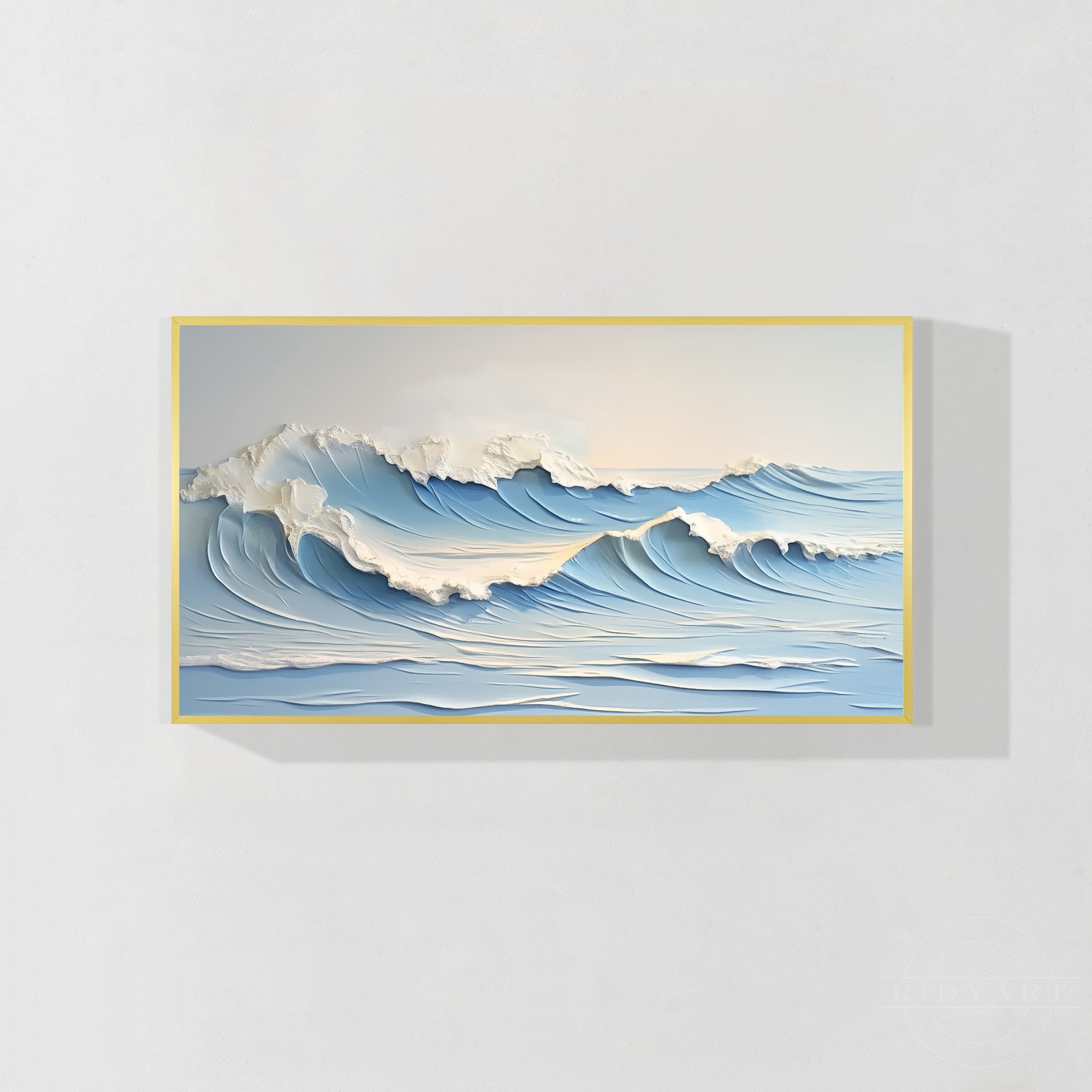 A large textured canvas painting displaying serene rolling ocean waves with heavy impasto white seafoam, serving as the central artwork above a light blue sofa in a bright, modern coastal living room 