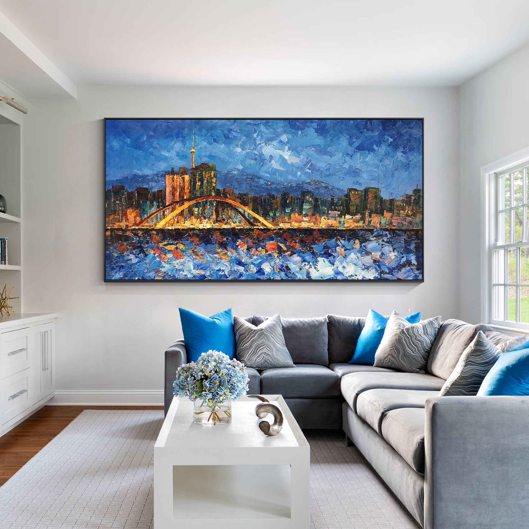 Textured cityscape of Seoul in blue and orange for home decor.