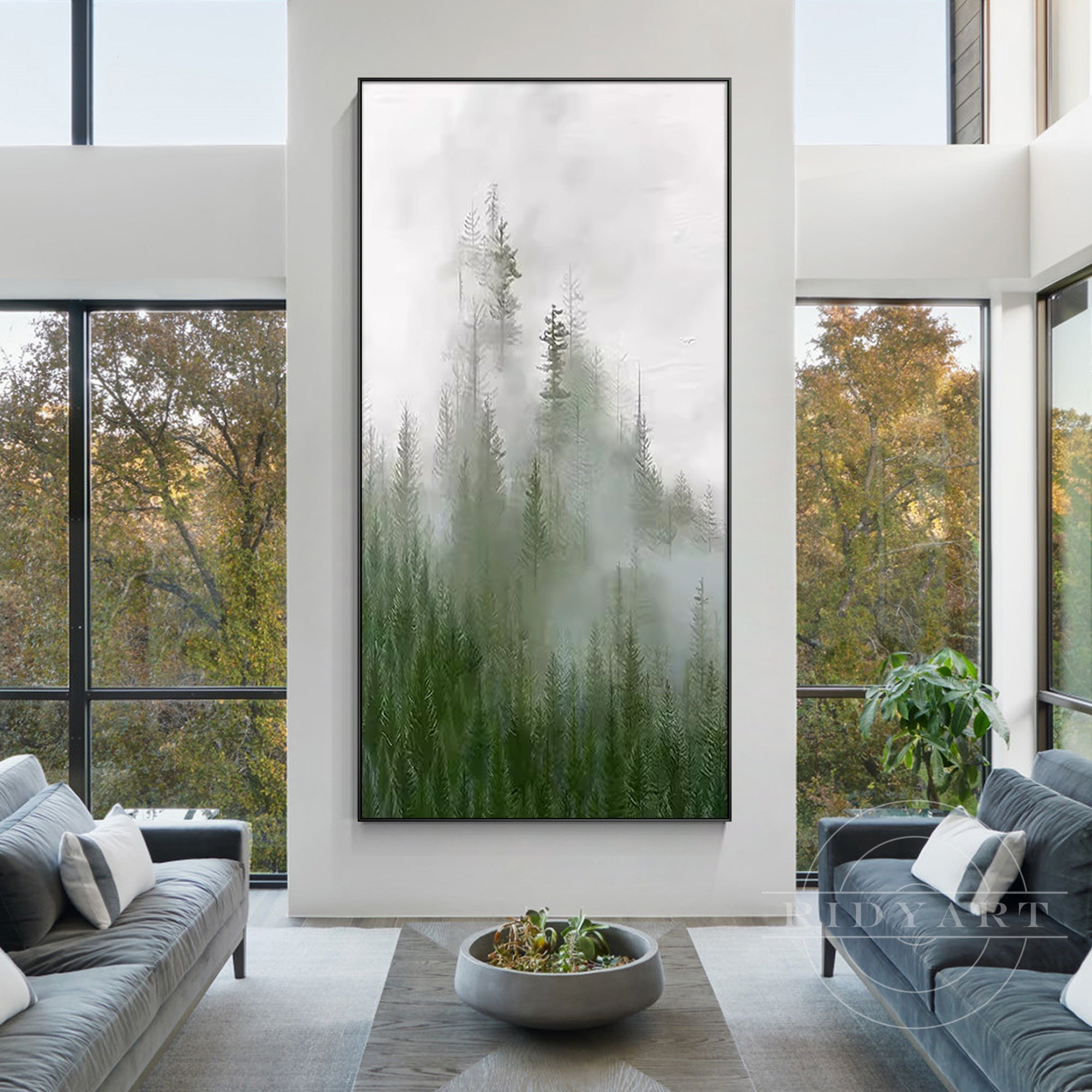 Nature-inspired wall art depicting a foggy forest in soft green and gray