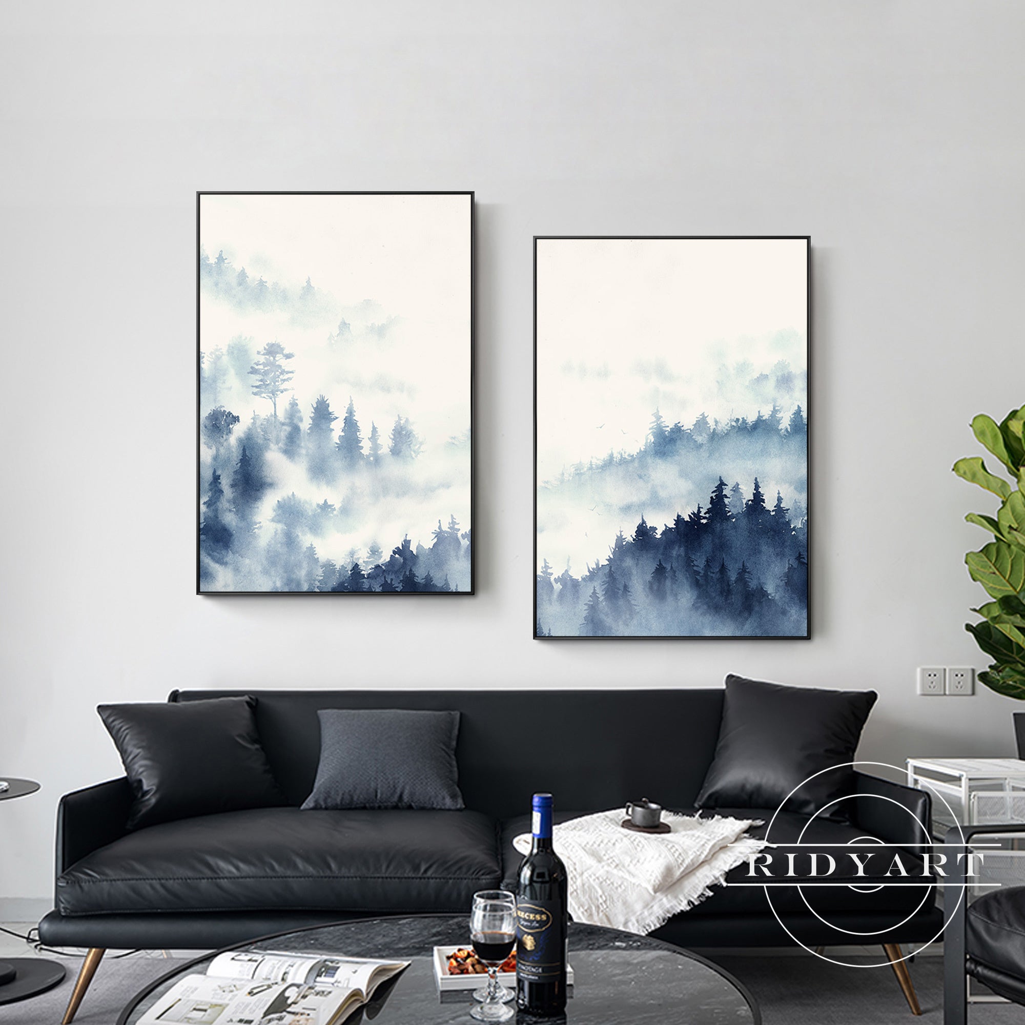 Watercolor forest painting set of 2 for peaceful home decor.