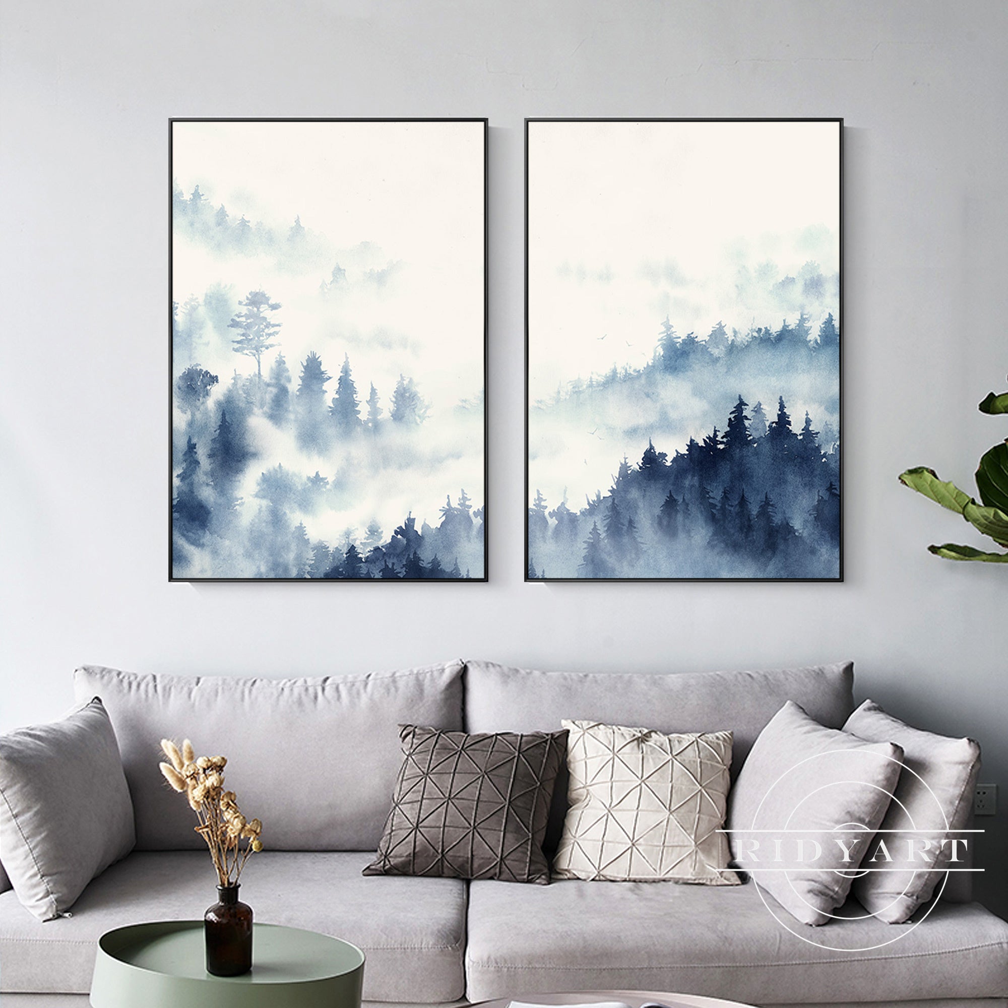 Set of 2 foggy forest wall art with navy blue watercolor tones.