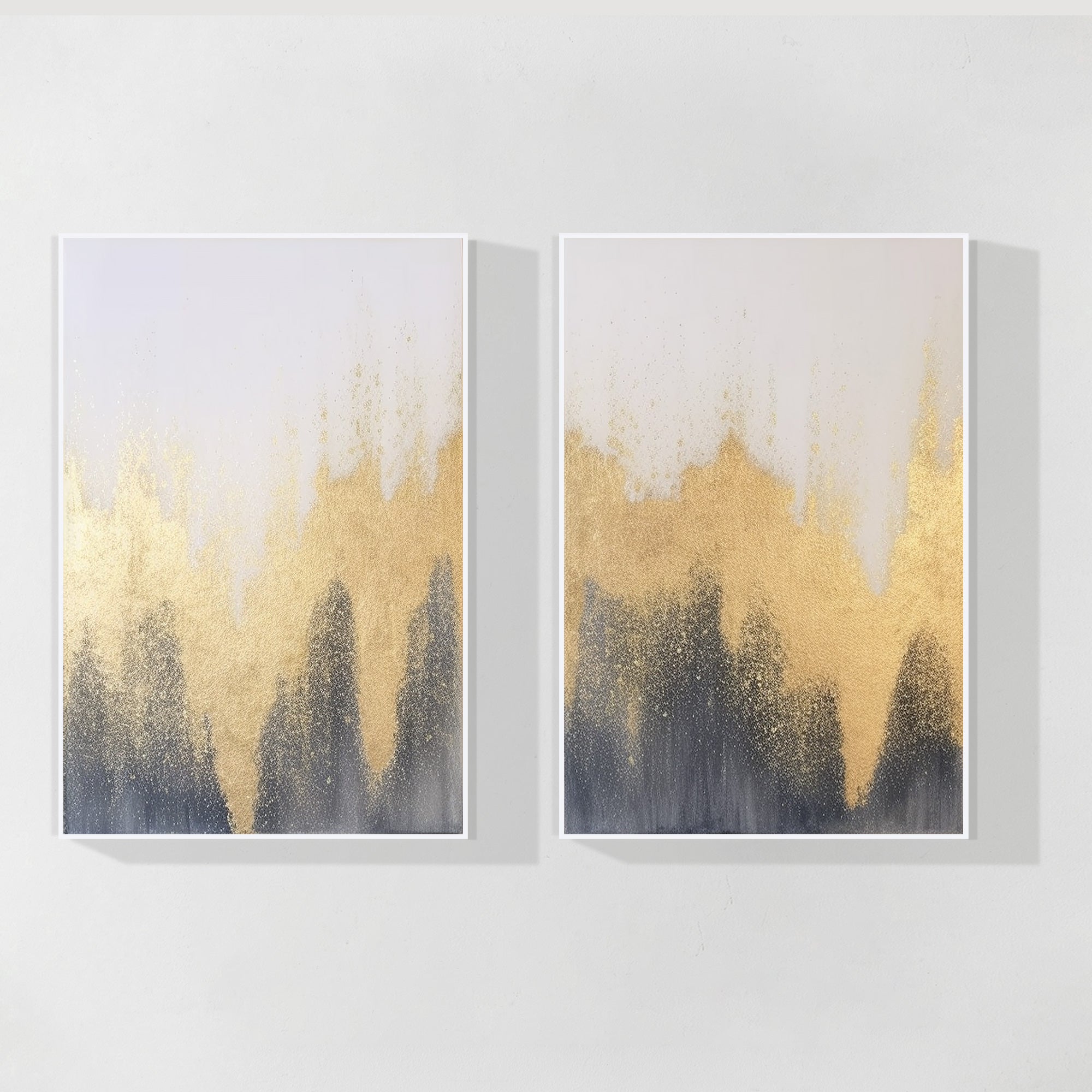 Set of 2 dark blue and gold abstract paintings on canvas