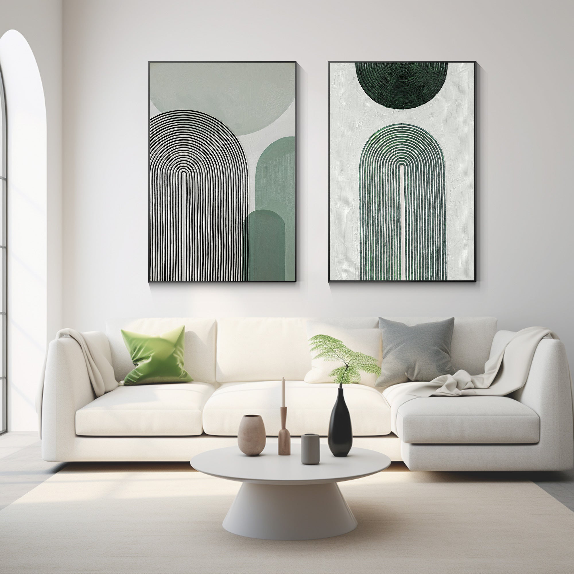 Set of 2 sage green abstract geometric paintings with textured organic shapes, vertical canvas art for modern wall decor in living rooms or bedrooms.