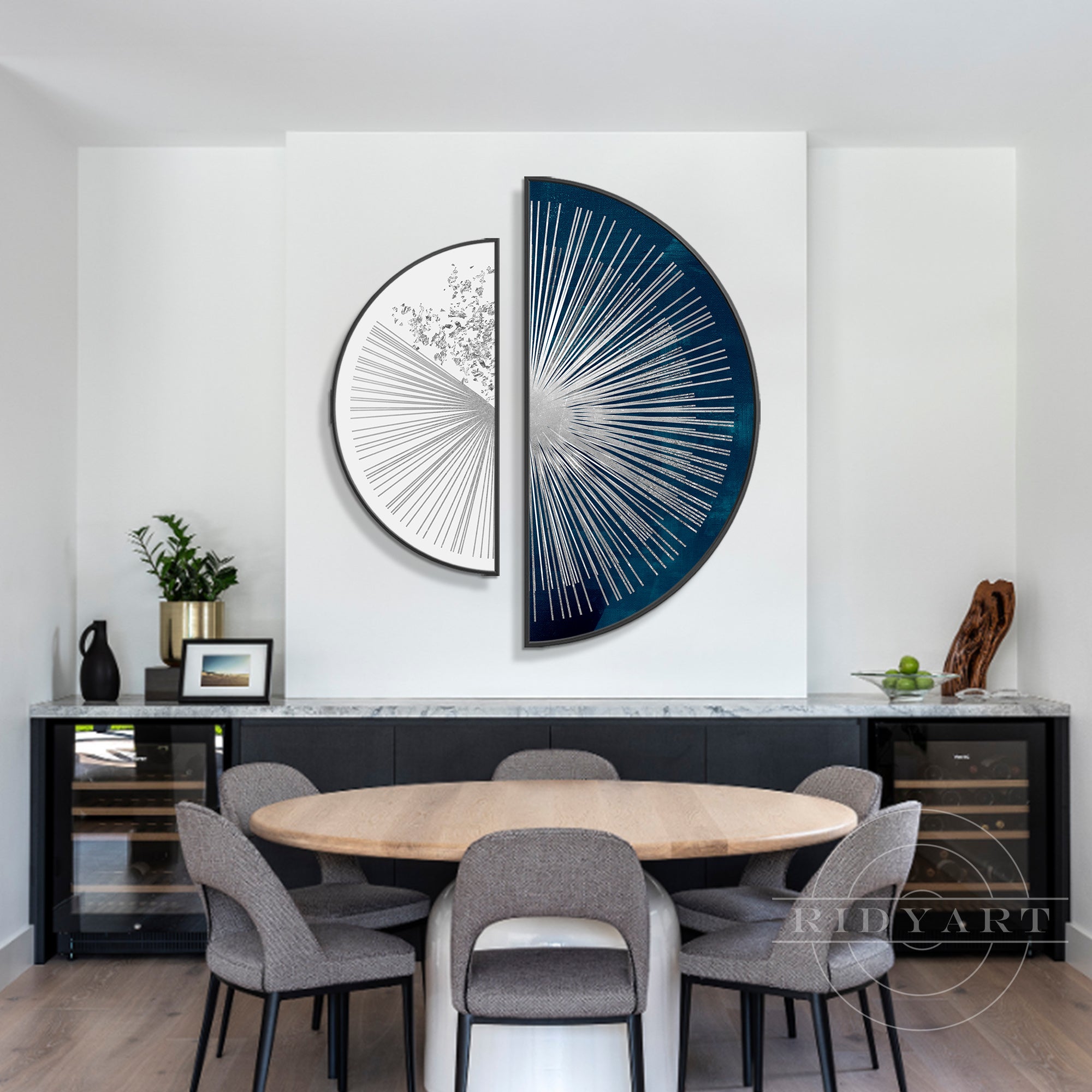 Abstract sunshine-inspired round wall art in navy blue and silver tones.