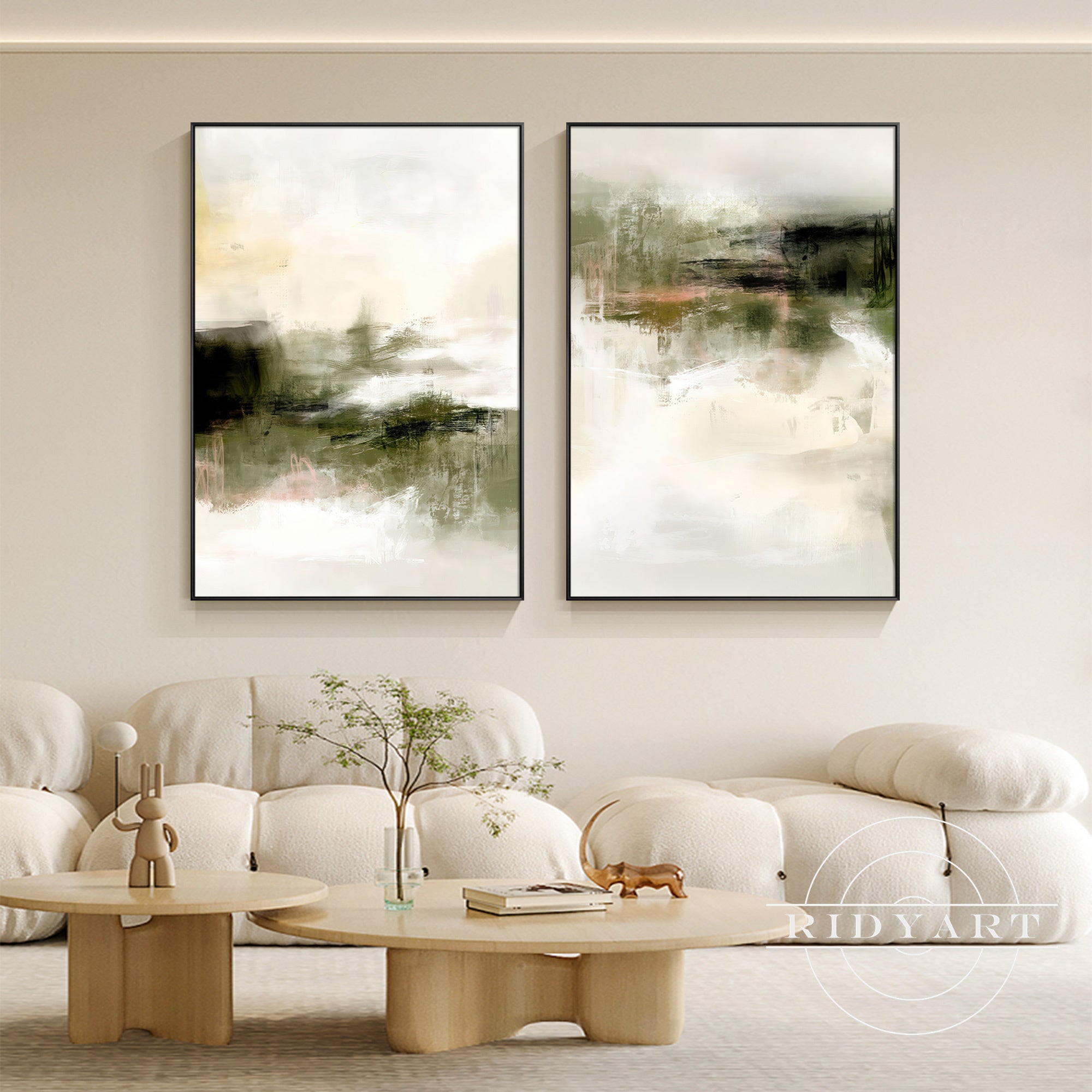 Set of 2 olive green abstract wall art paintings for living room decor.