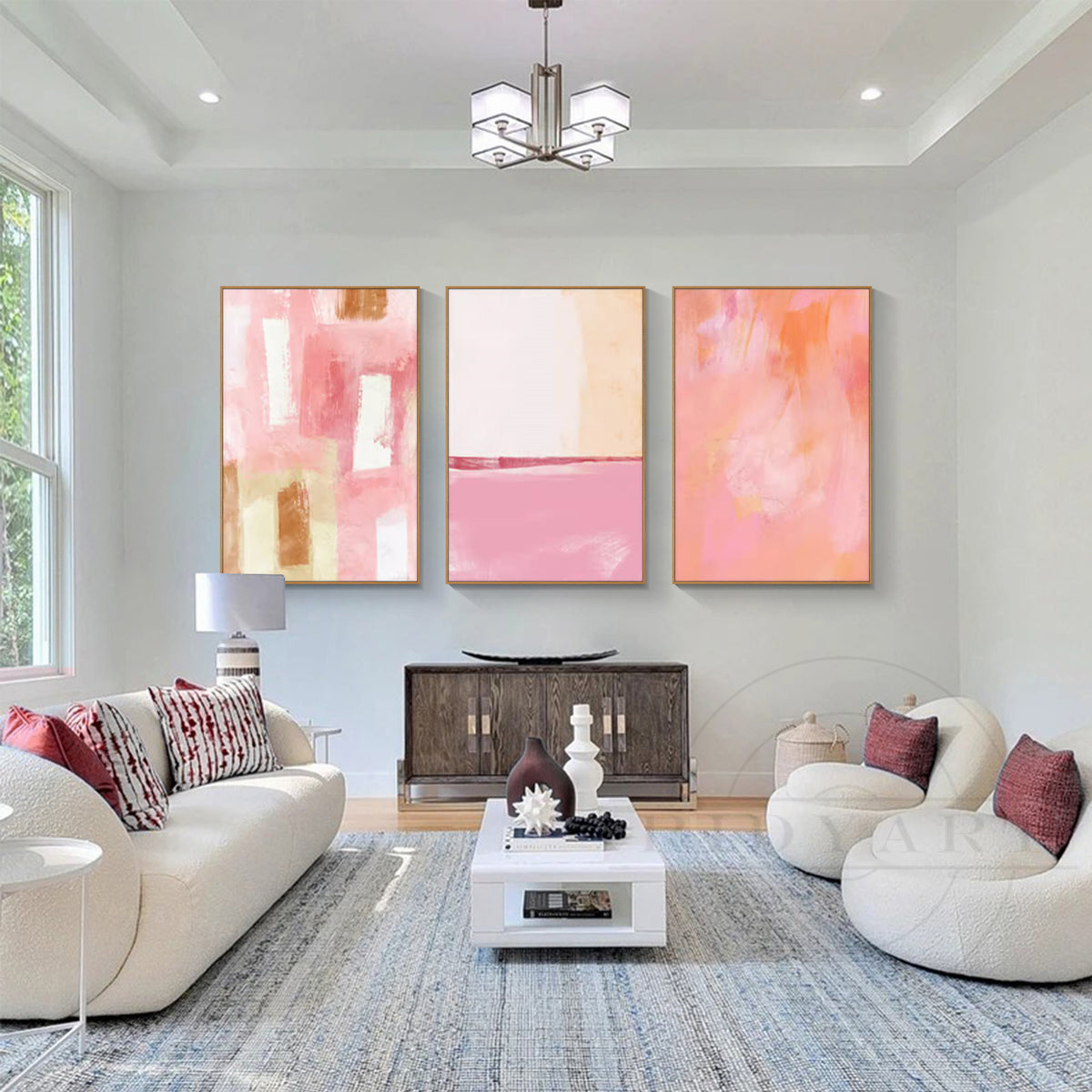 Set of 3 Abstract Blush Wall Art – Petal Pink Canvas Decor