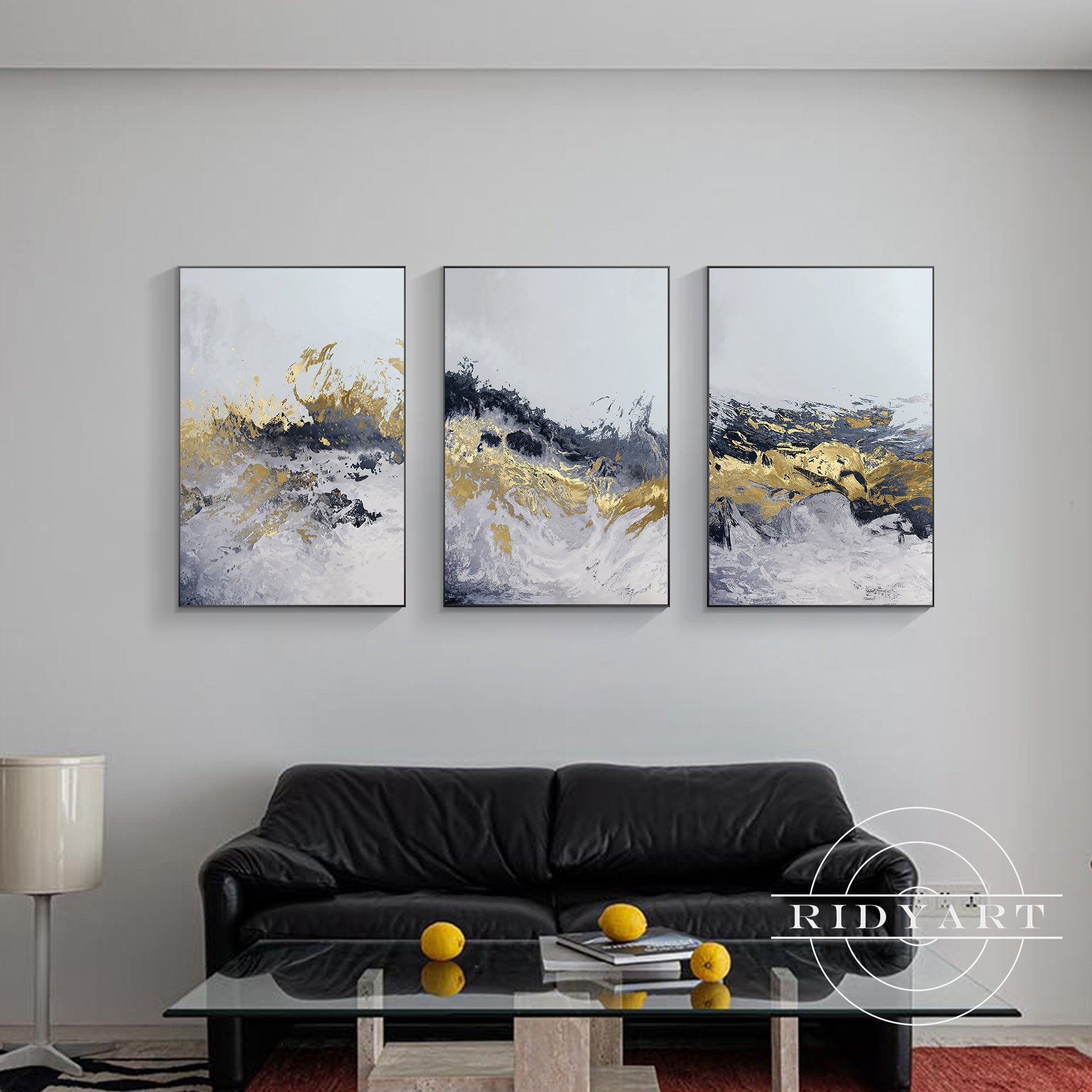 Set of 3 gold and blue abstract mountain wall art for living room decor.