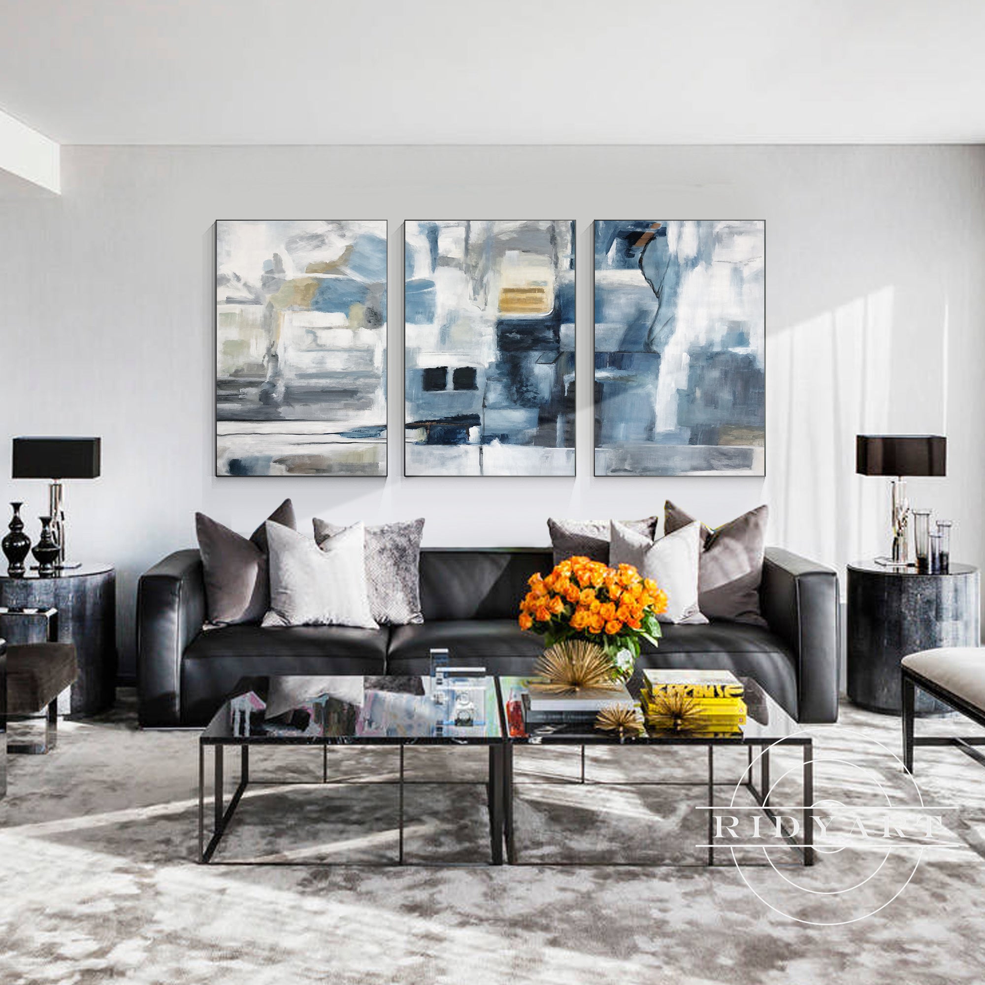 Modern canvas wall art trio in cool neutral tones
