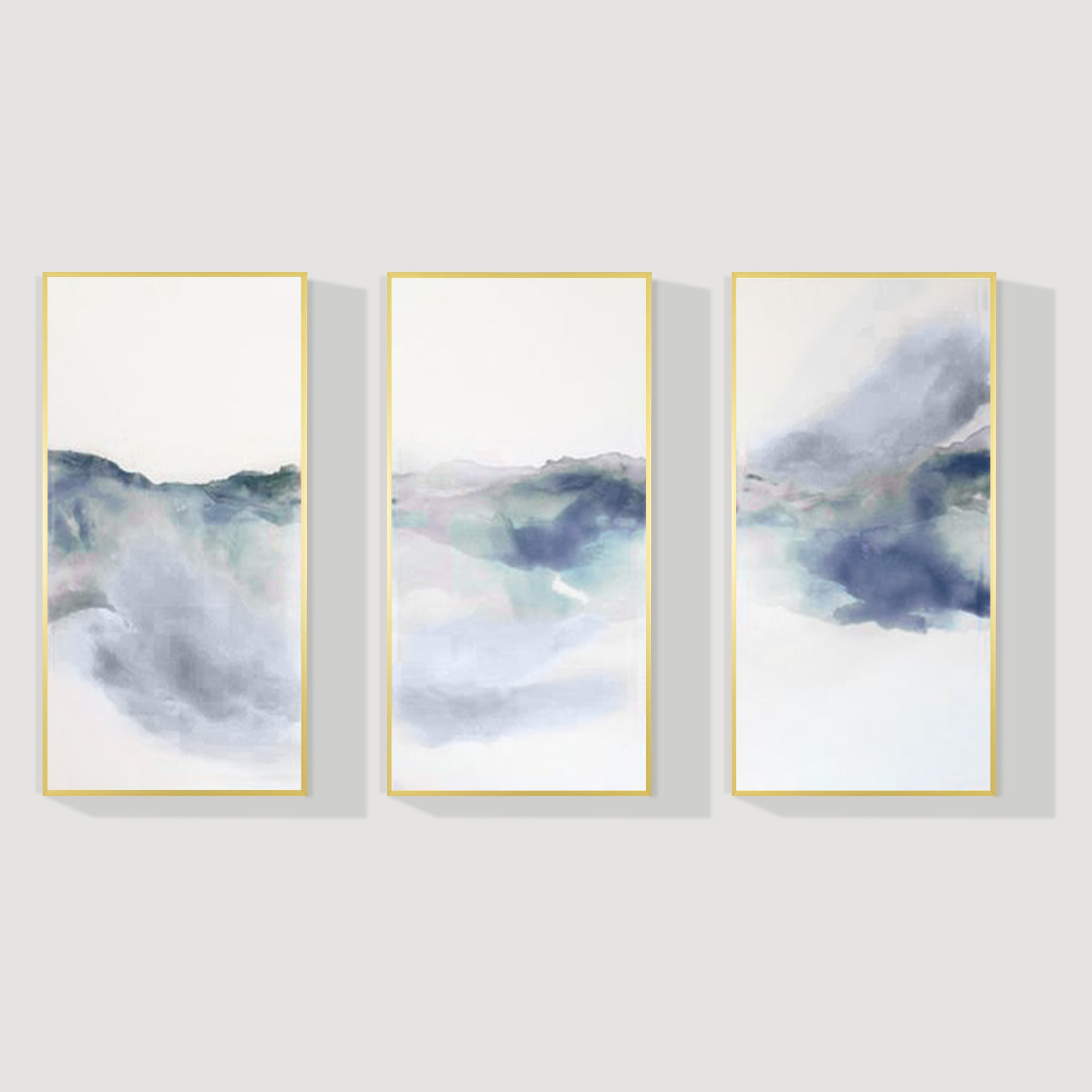 Set of 3 gray blue watercolor abstract paintings on canvas.