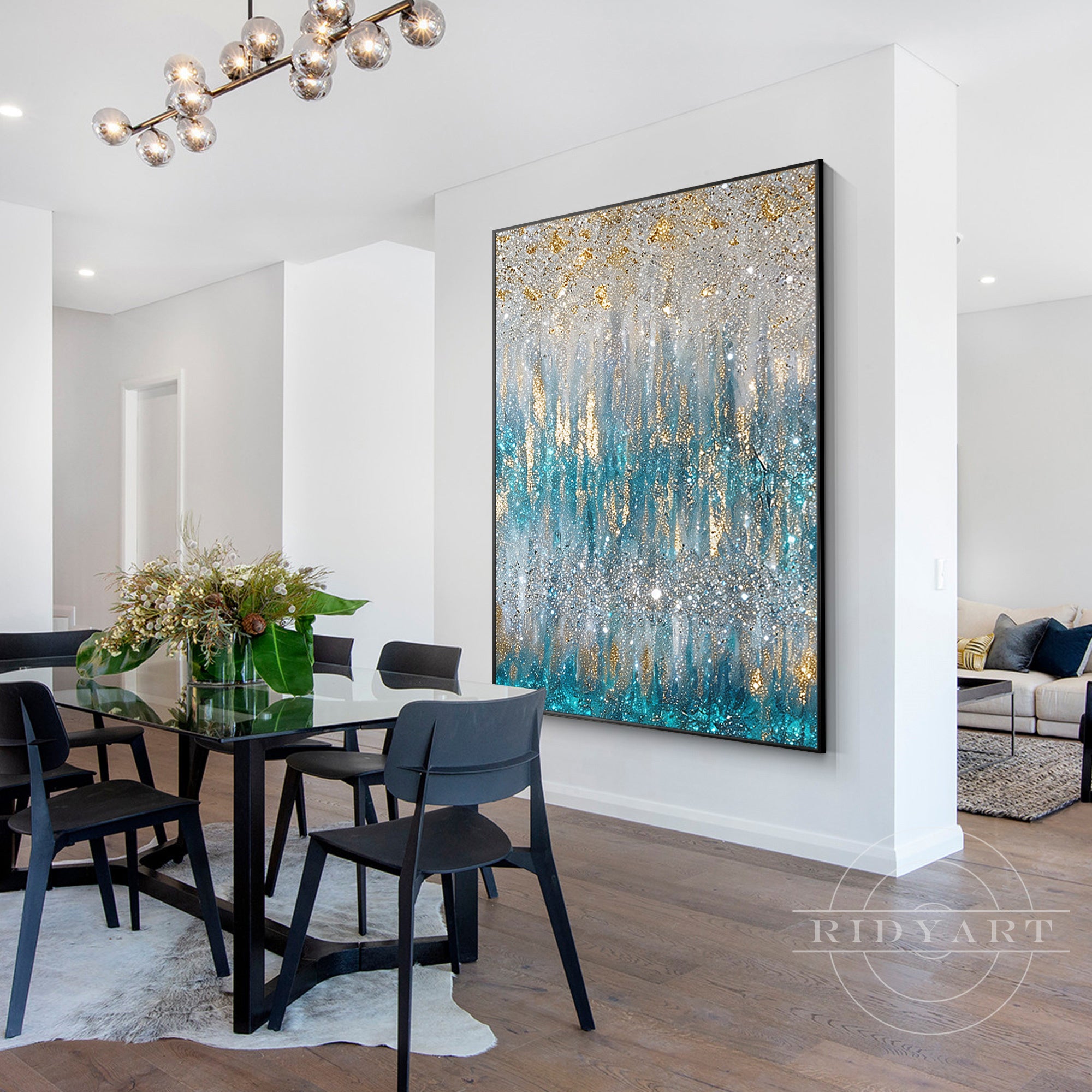 Modern abstract painting with crash glitter texture