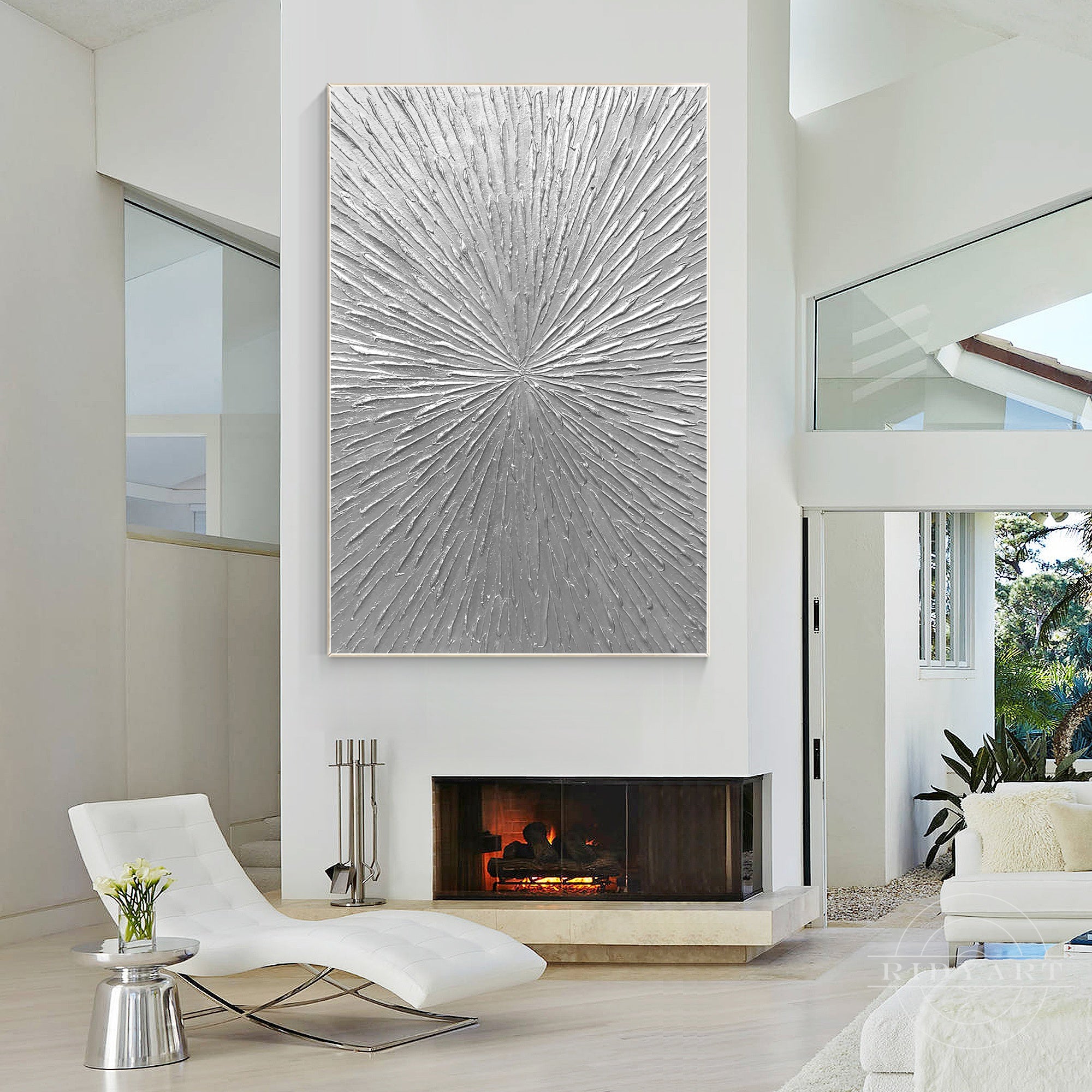 Silver rays abstract thick textured minimalist painting.
