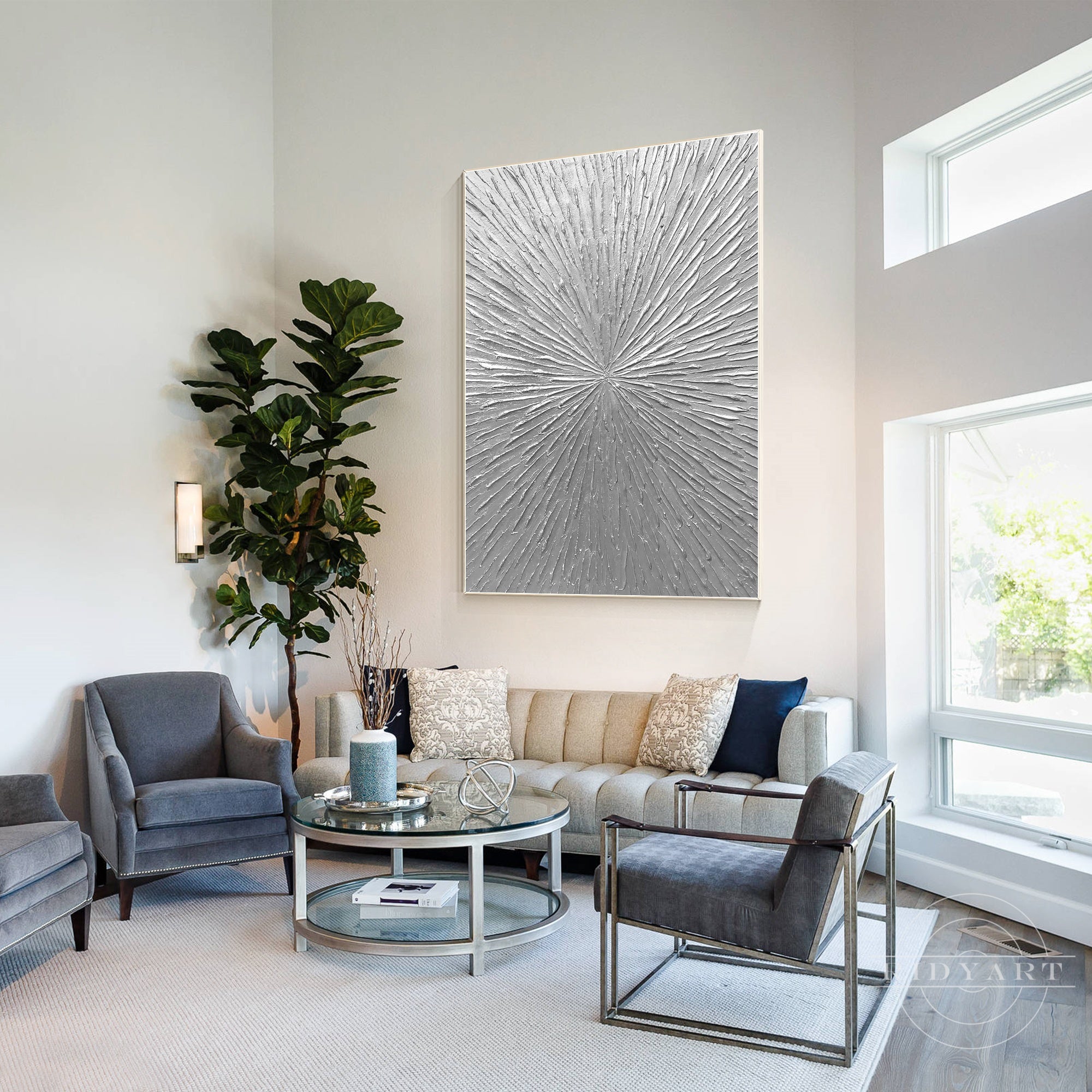 Silver rays abstract thick textured minimalist painting.

