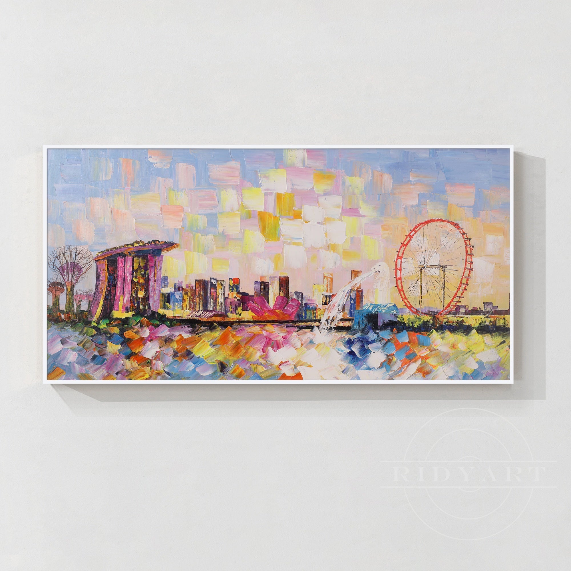 Abstract Singapore skyline painting with colorful brushstrokes.