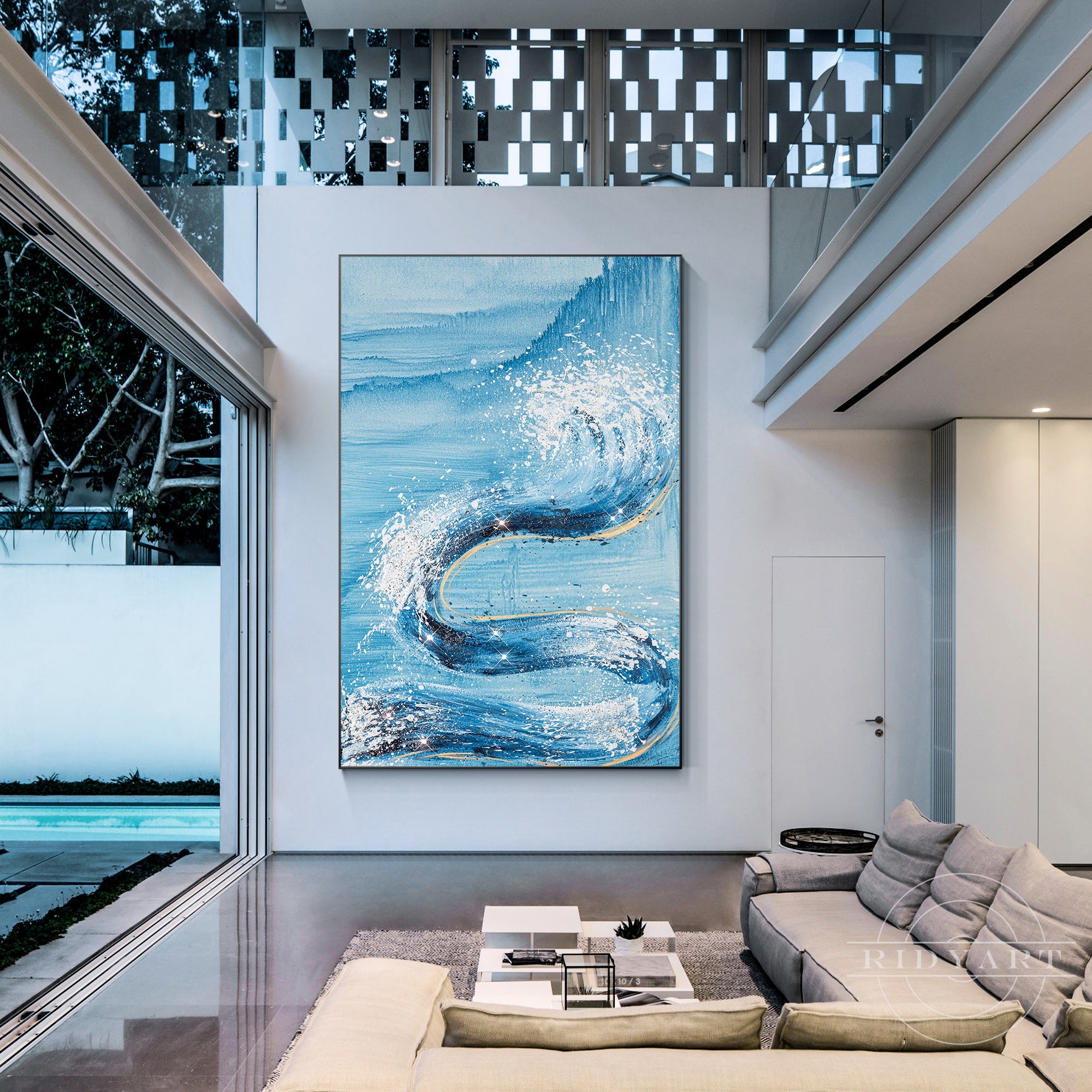 Sky blue and white abstract ocean waves textured wall art.
