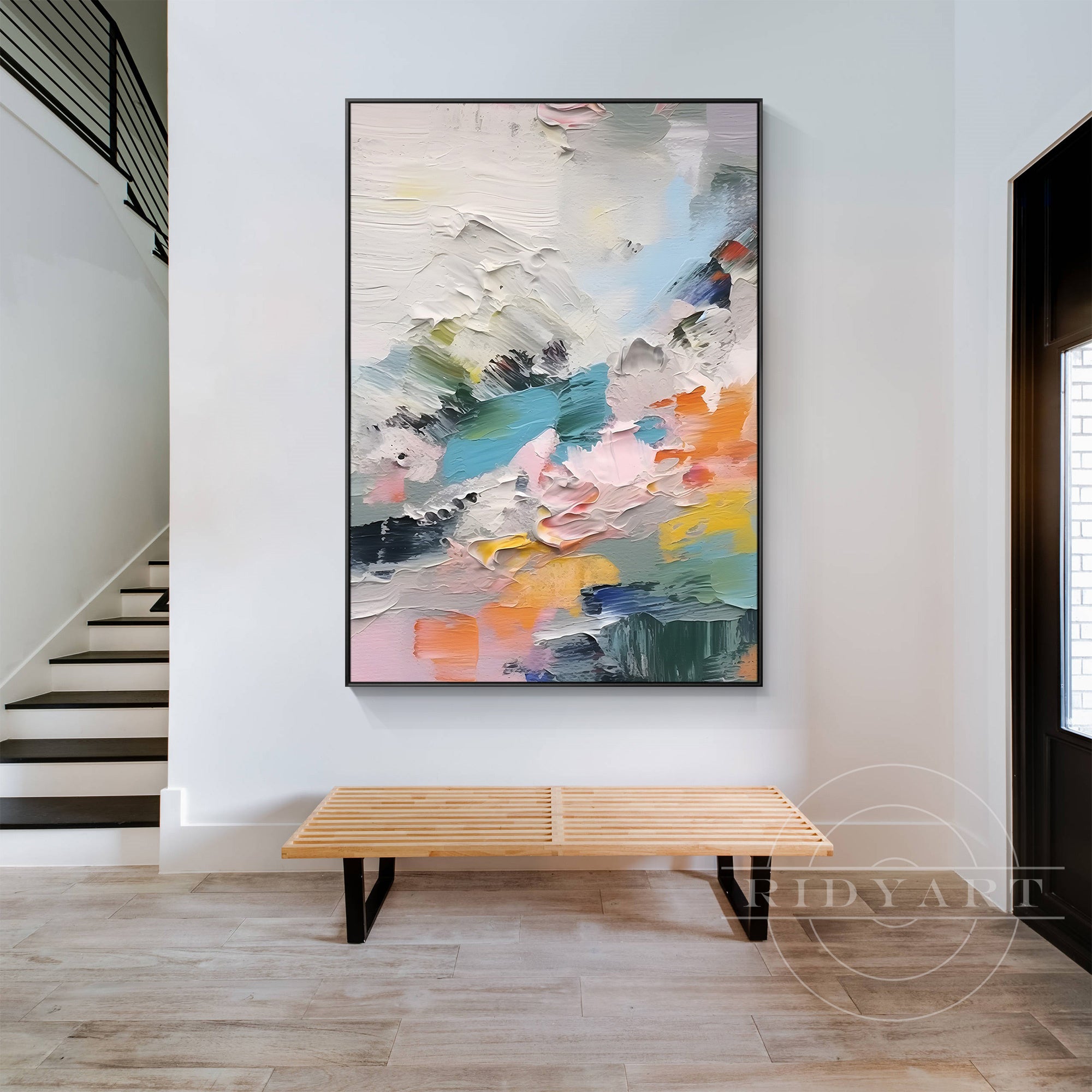 Abstract art in pastel colors, evoking mountain peaks and gentle rivers