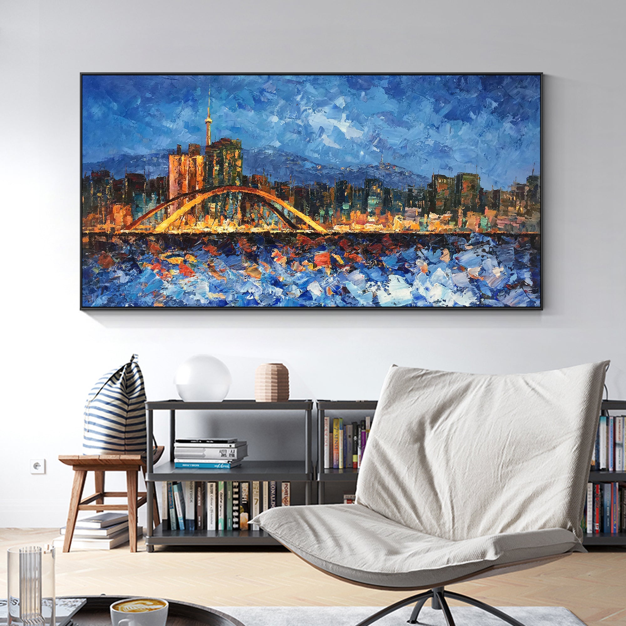 Blue and orange Seoul cityscape painting with textured details.