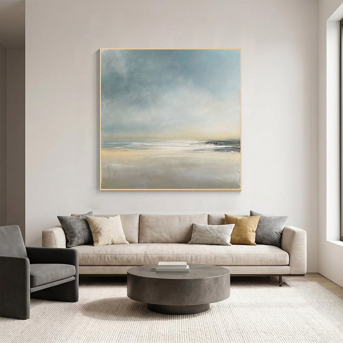 Large-scale square abstract beach painting styled above an entryway console table, highlighting its wide horizon and tranquil color scheme.