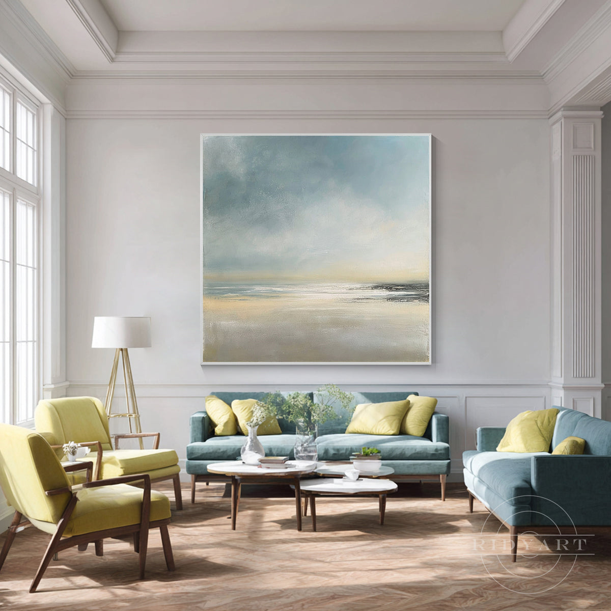 Frontal view of a large square framed ocean painting hanging on a clean light gray gallery wall with soft natural lighting.