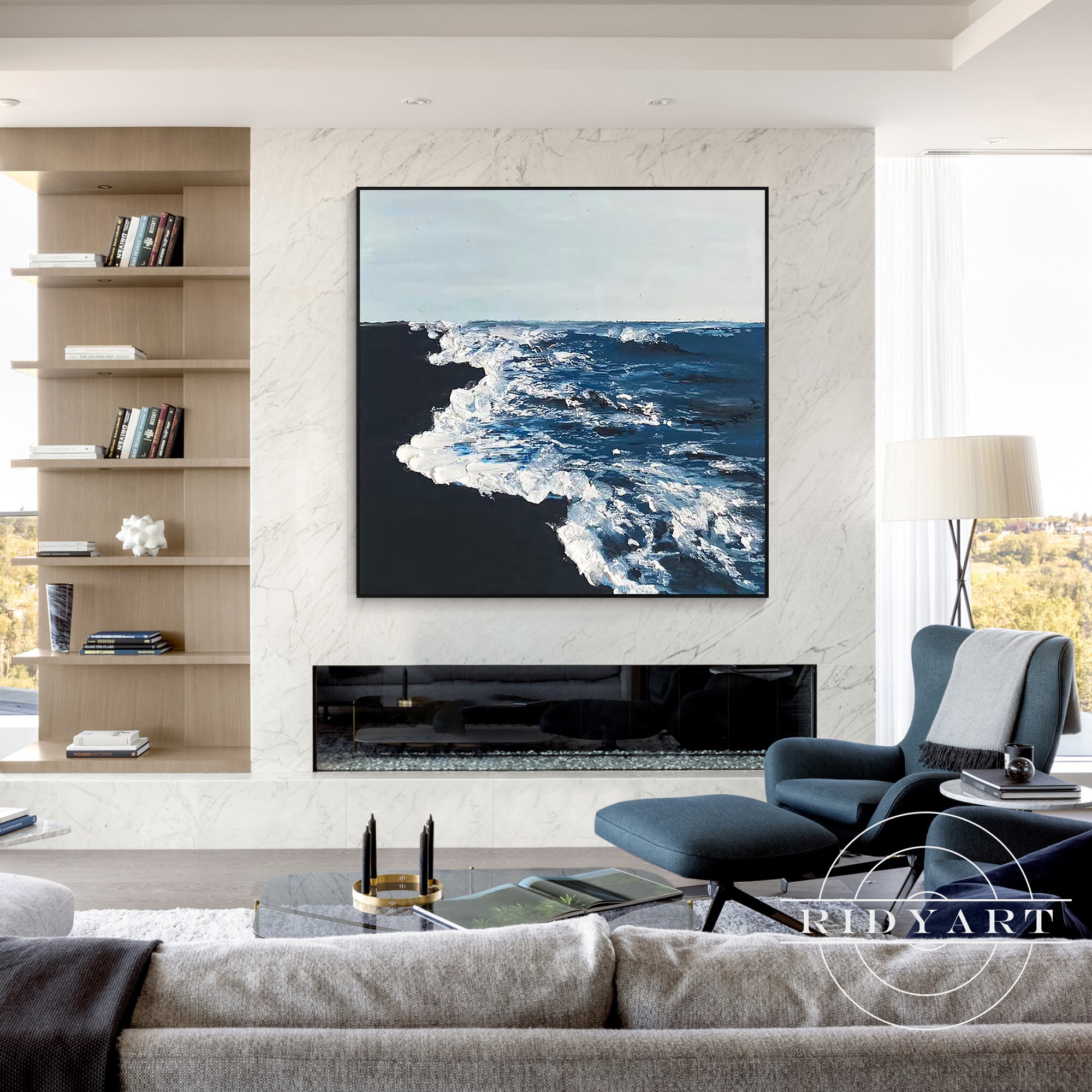 
Square coastal wall art in deep blue and white tones