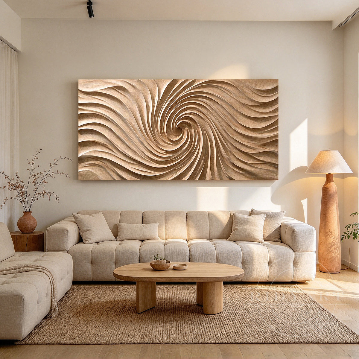 Swirling vortex carved wood wall art with radiating ridges, front view
