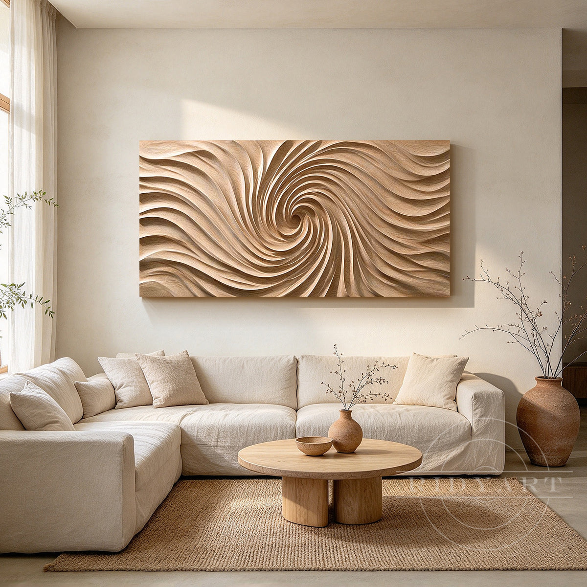 Close-up of deep central focal point and carved spiral wood grain