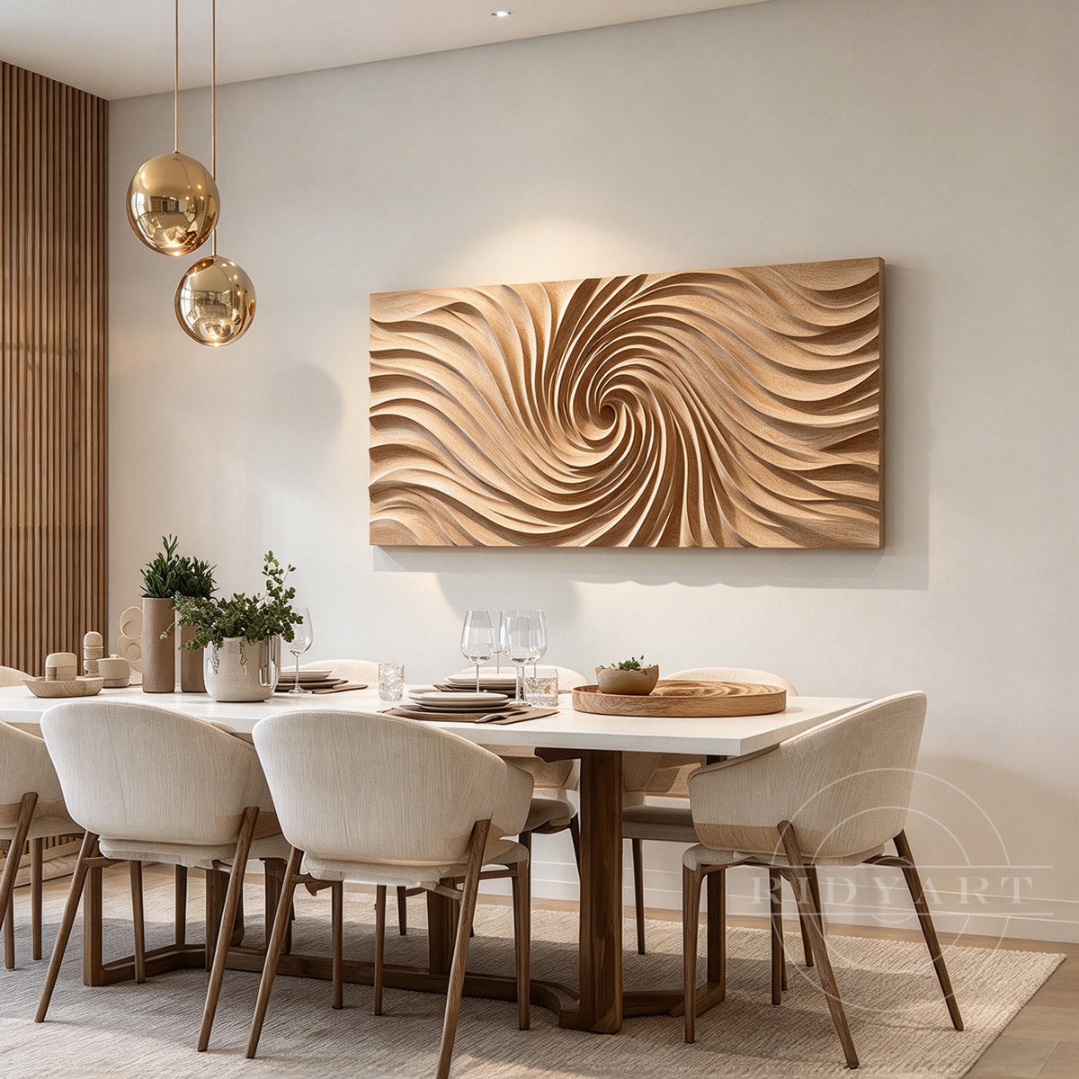 Swirling vortex wood relief sculpture mounted above living room sofa