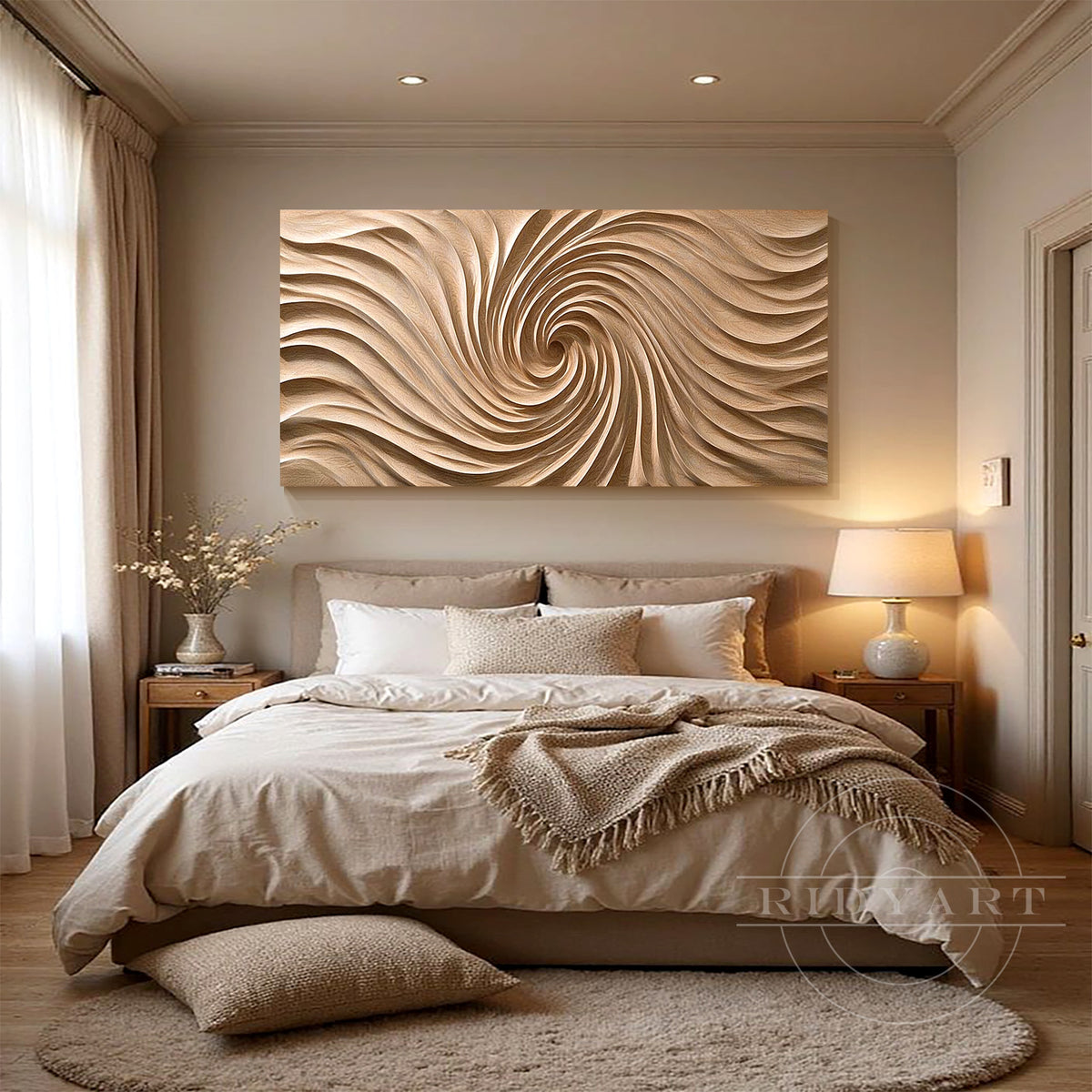 Spiral carved wood wall art in light oak and sandy beige tones