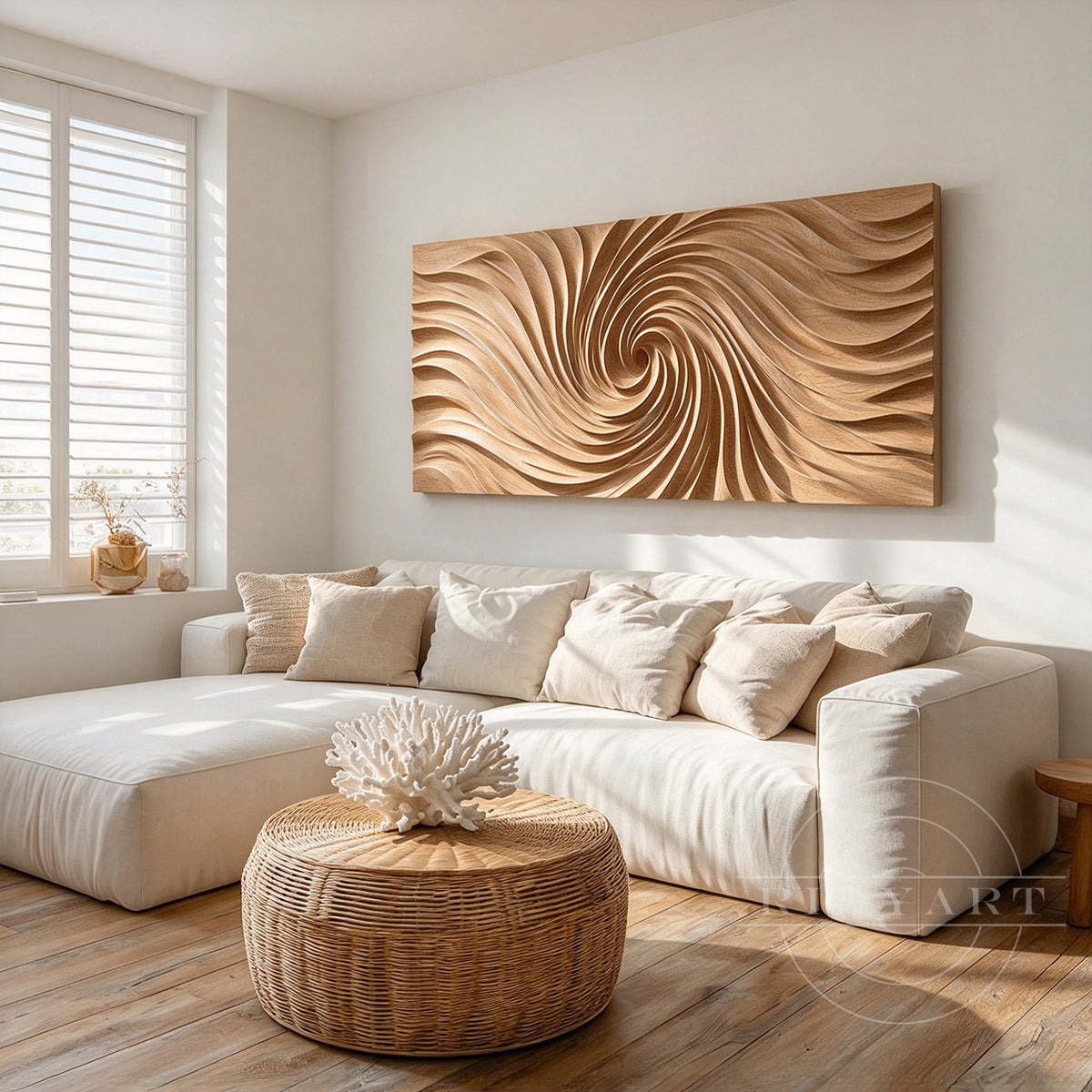 Vortex wood wall sculpture on textured plaster wall in modern interior