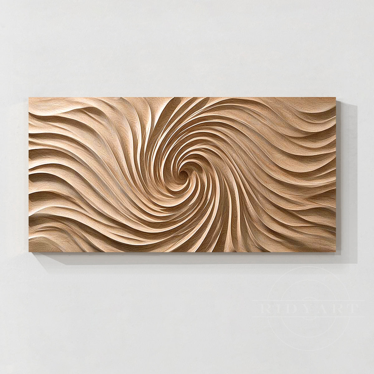 Large swirling vortex carved wood wall art above a credenza