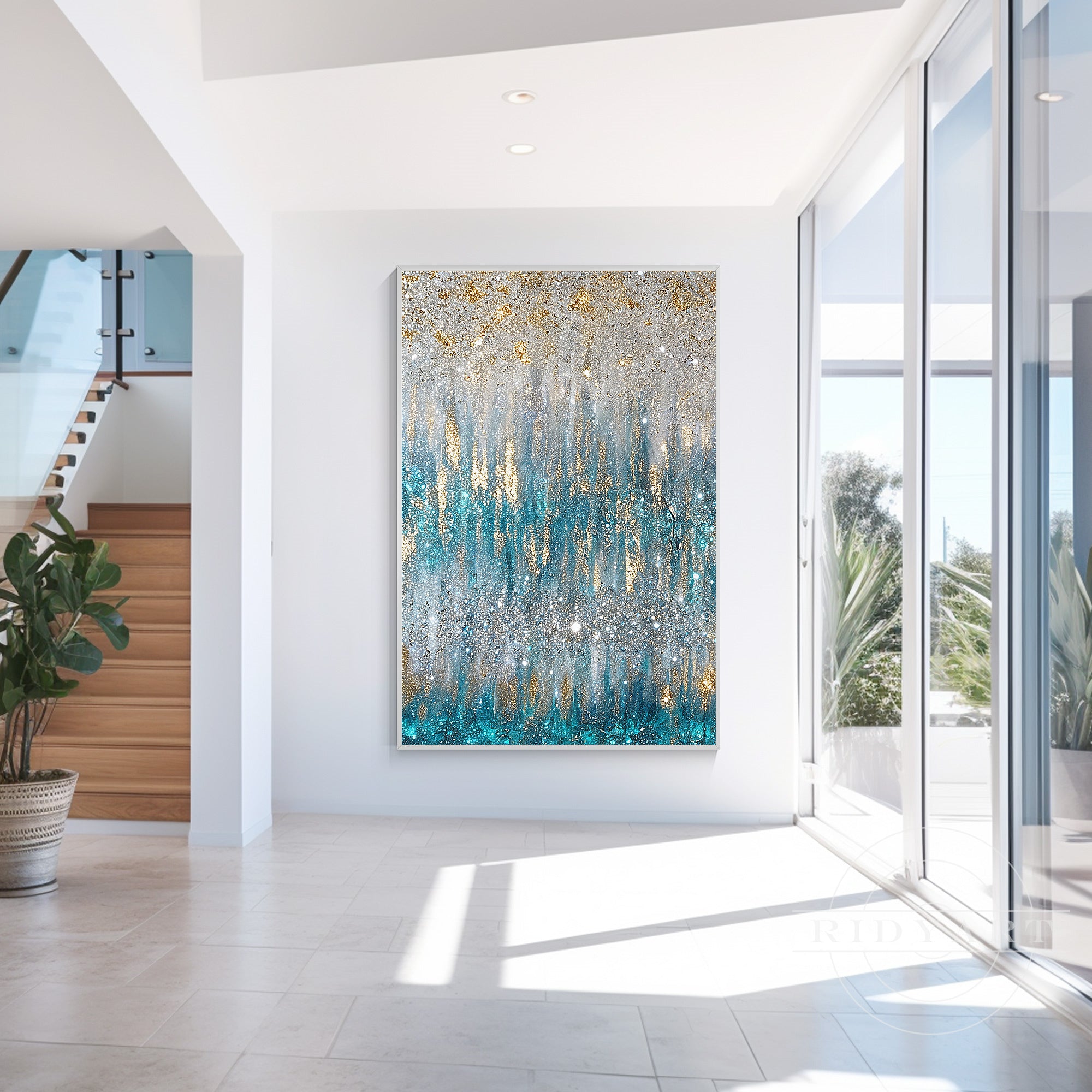 Teal blue abstract glitter wall art with silver gold accents