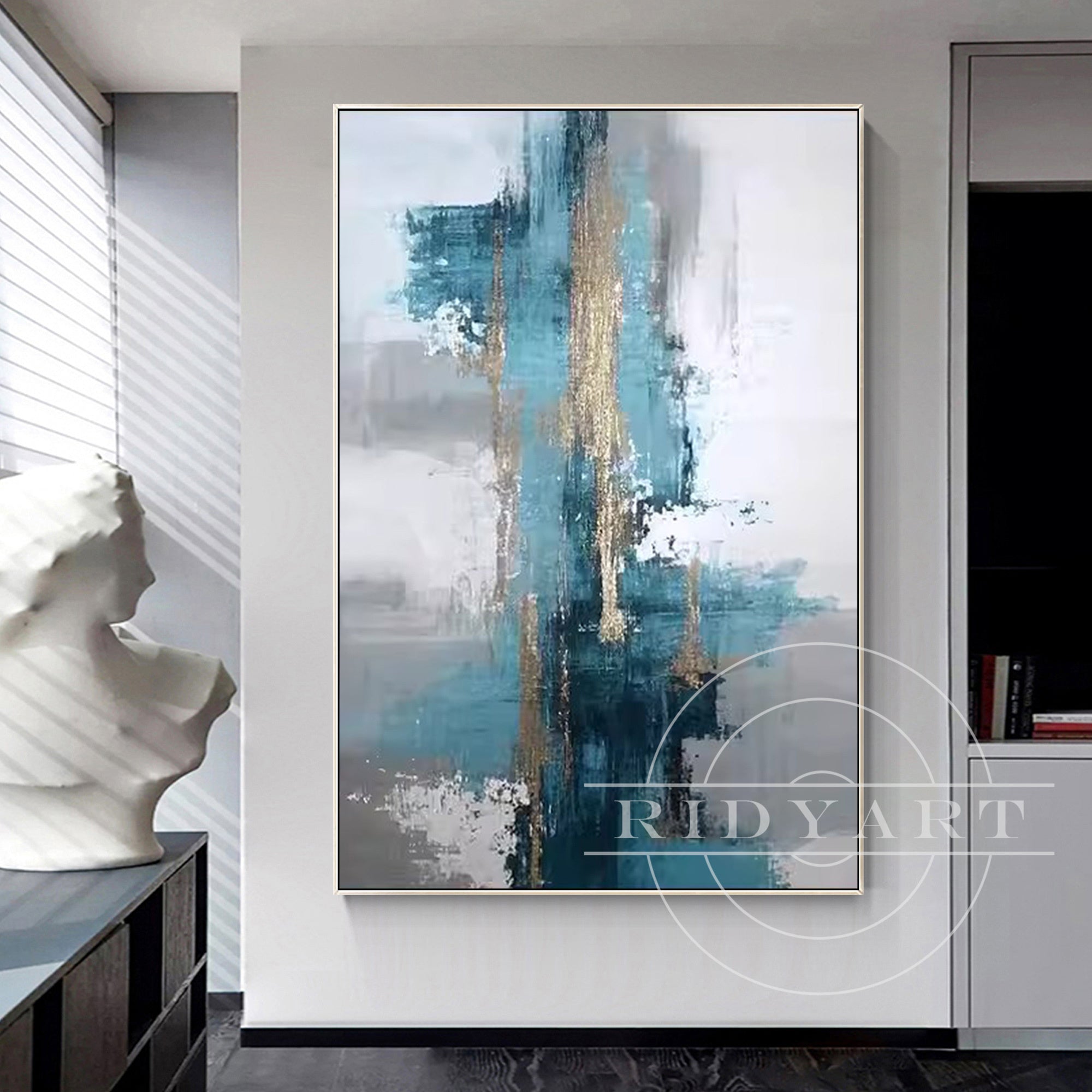 Abstract teal, grey, and turquoise painting with gold details