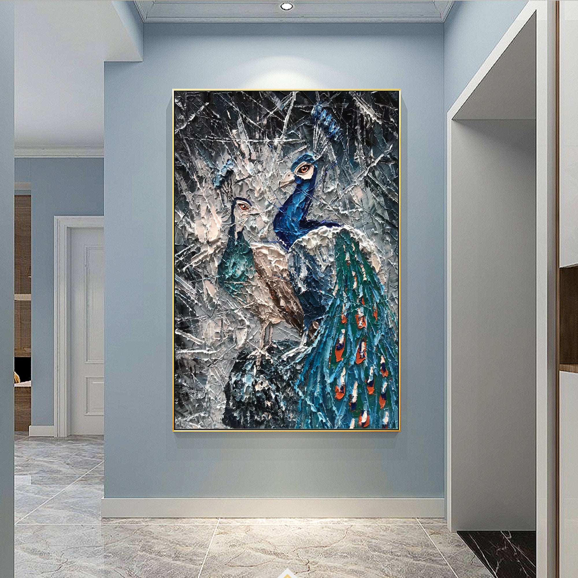 Teal blue peacock abstract palette knife painting