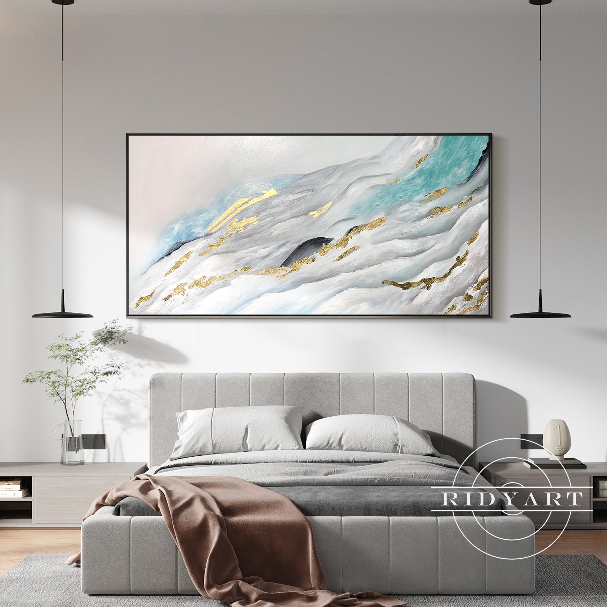 Teal blue pink grey modern canvas painting
