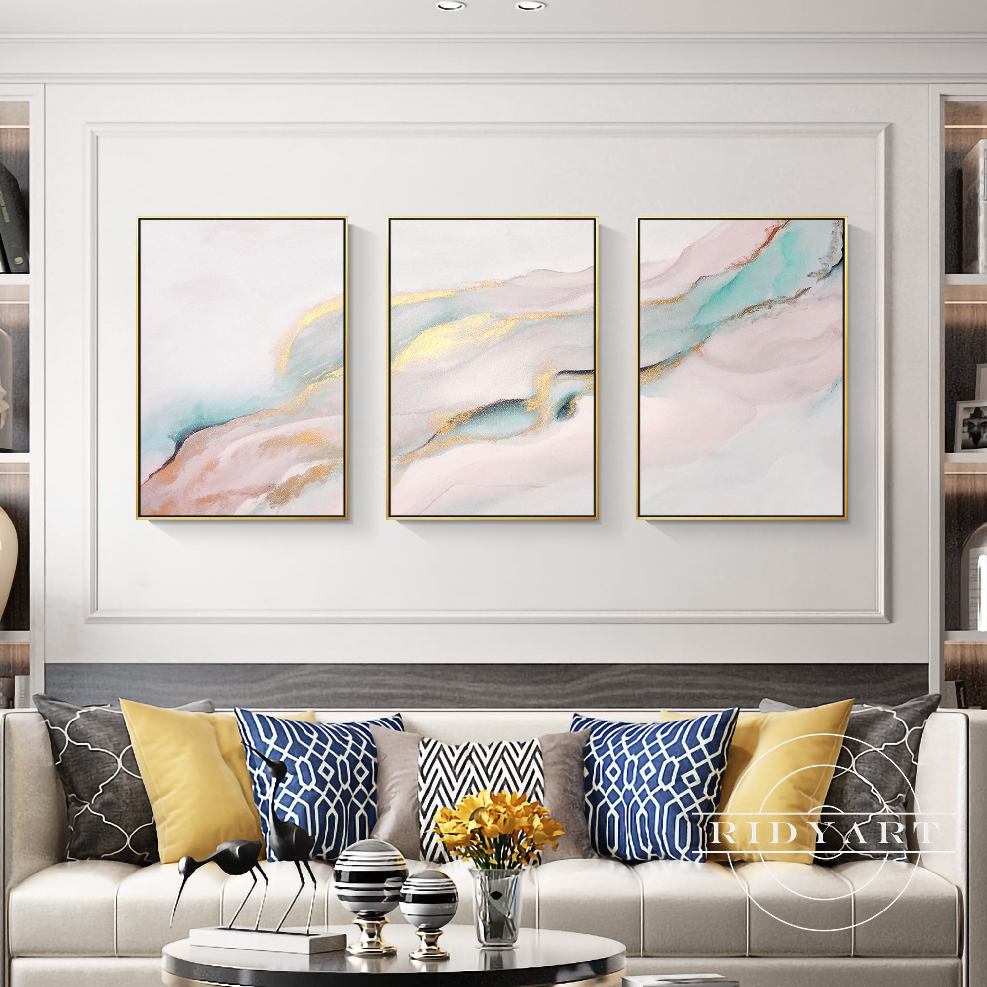 Teal gold pink canvas paintings
