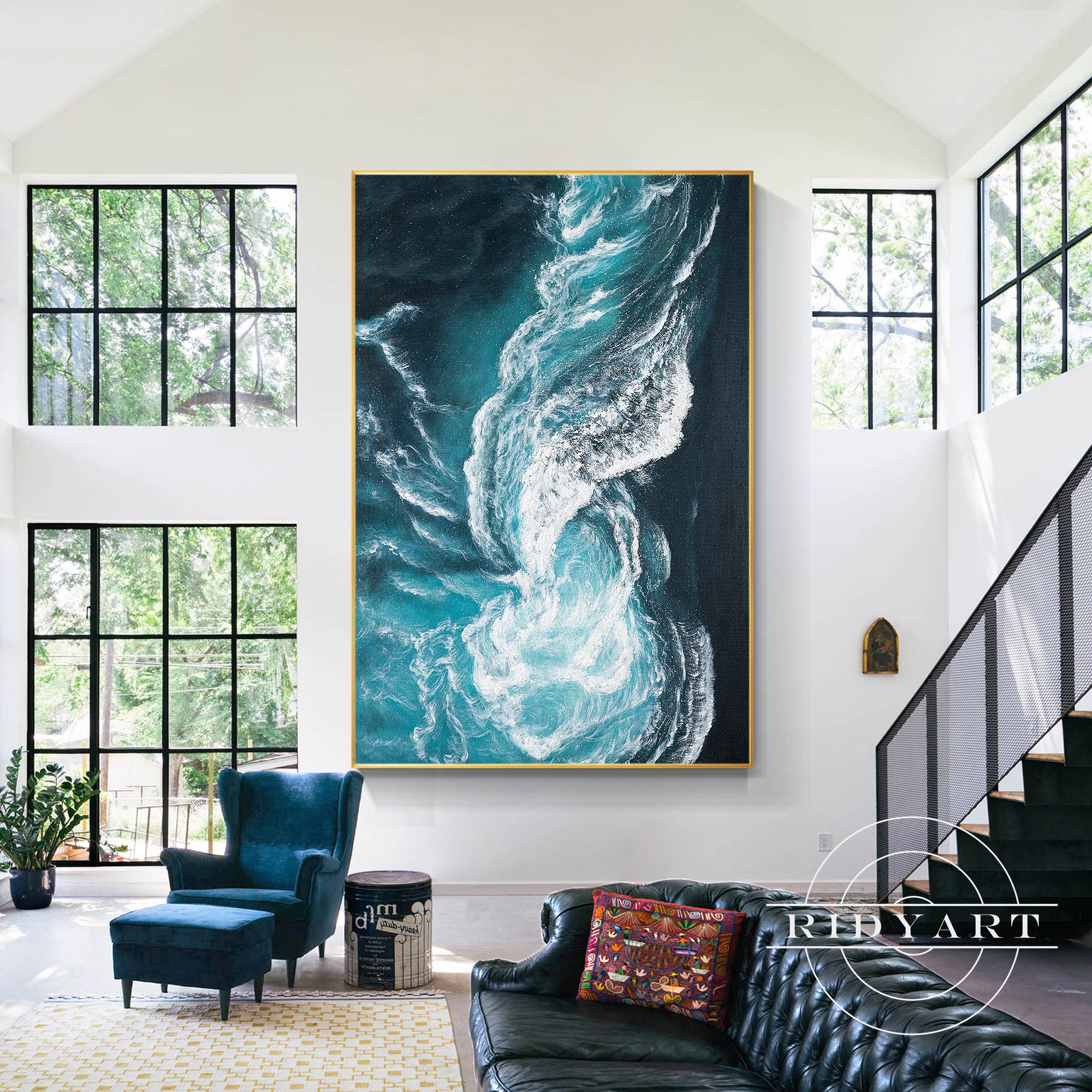 Modern coastal wall art featuring swirling ocean waves.